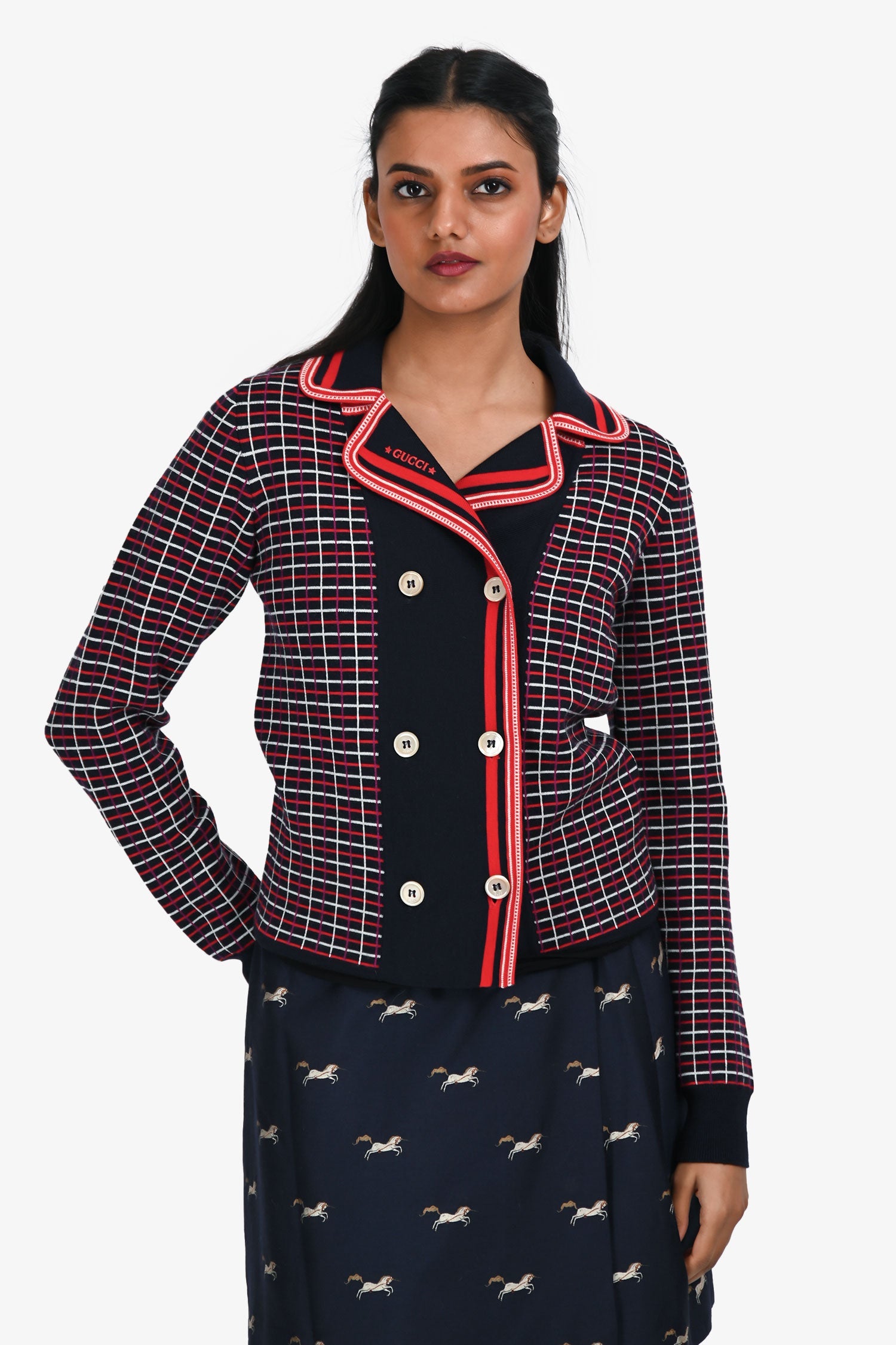 Gucci Navy/Red Wool Patterned Double Breasted igan Size 12+