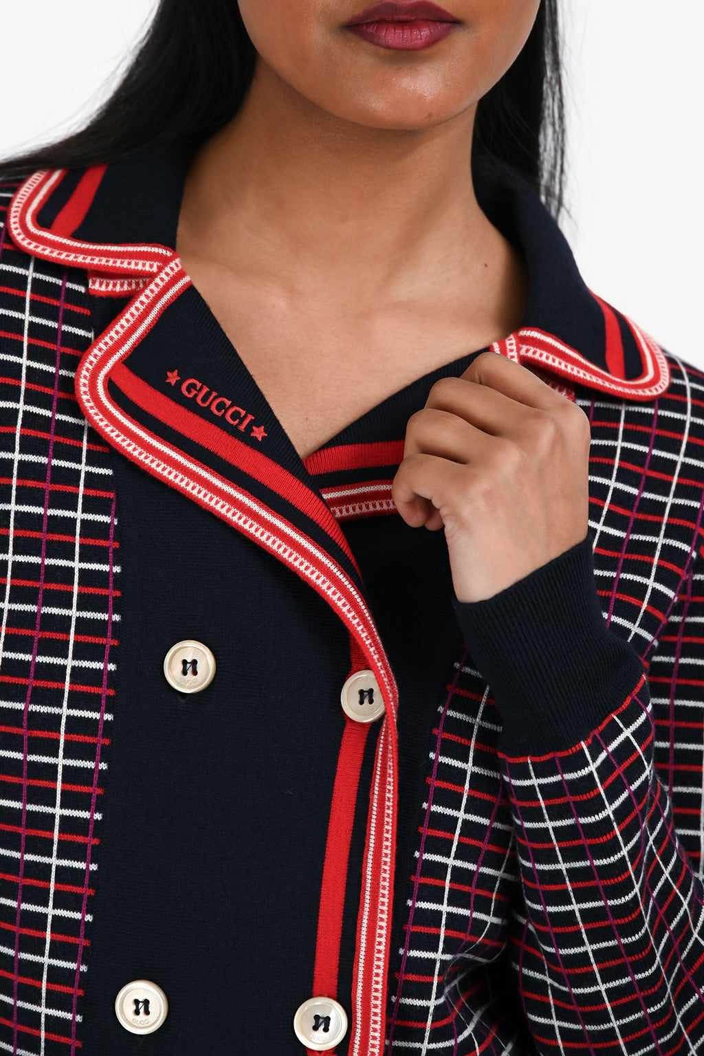 Gucci Navy/Red Wool Patterned Double Breasted igan Size 12+