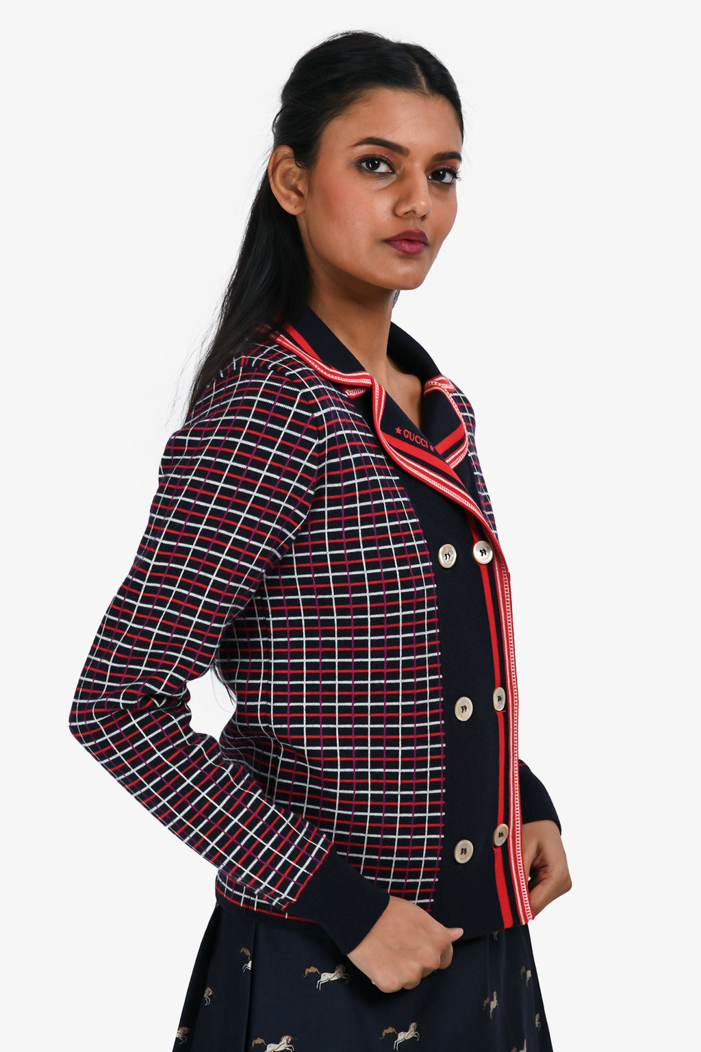 Gucci Navy/Red Wool Patterned Double Breasted igan Size 12+