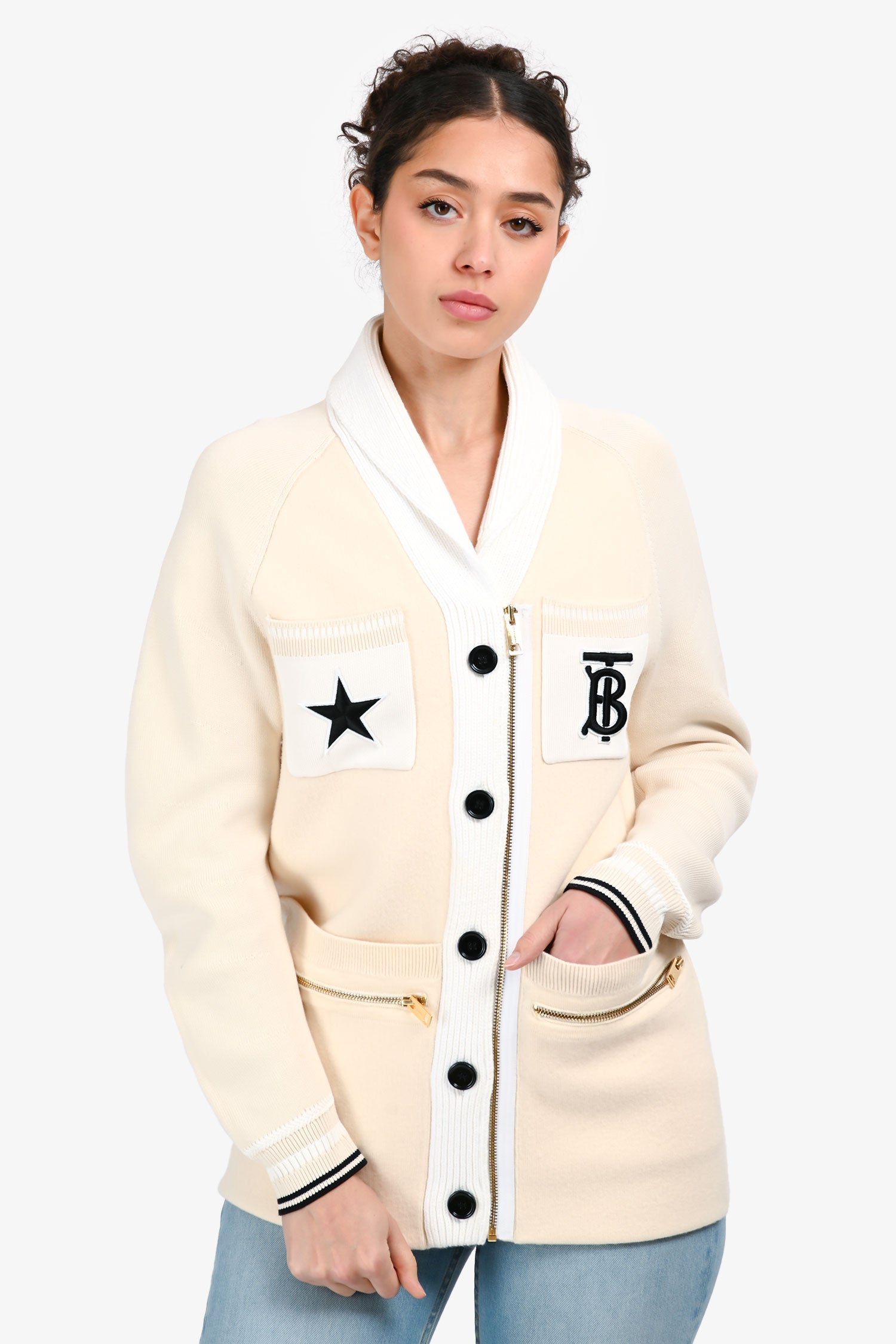 Burberry Cream Wool TB Star Patchwork Zip Up igan Size 12+