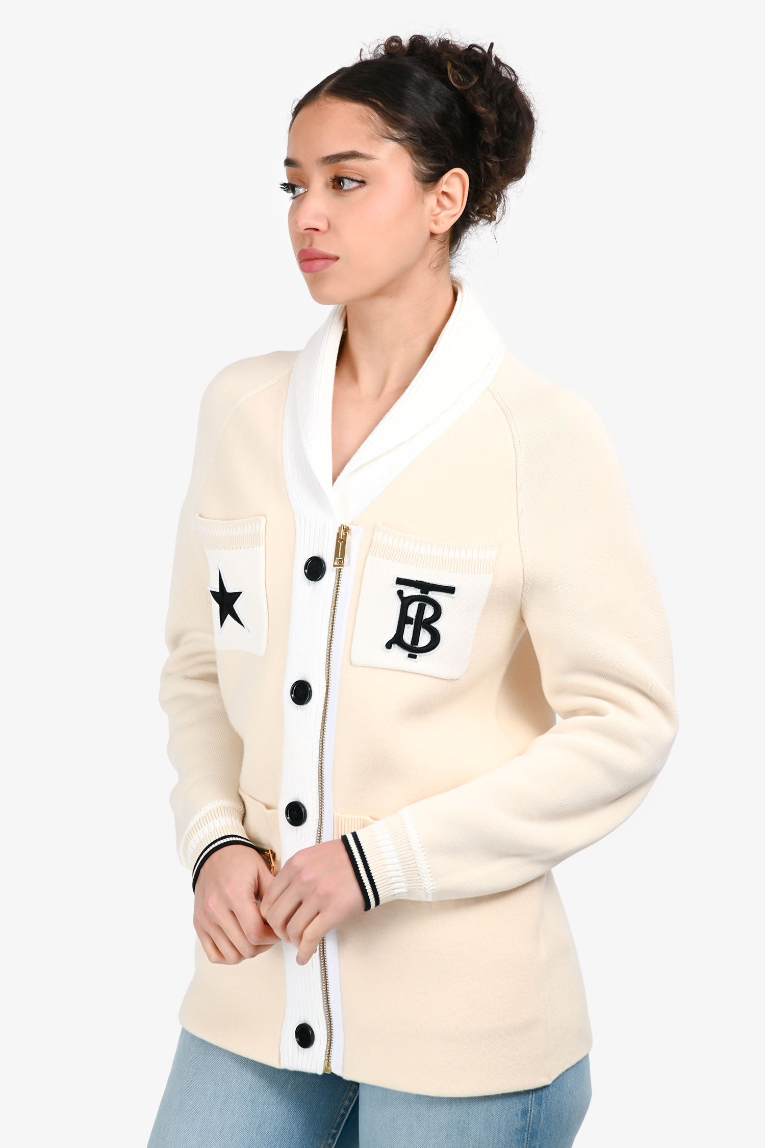 Burberry Cream Wool TB Star Patchwork Zip Up igan Size 12+