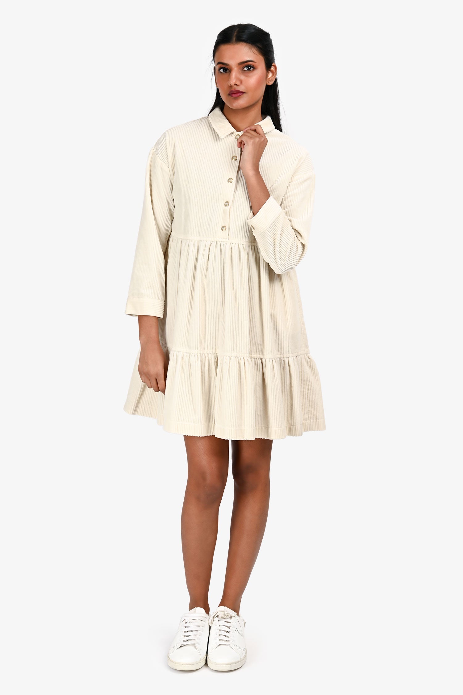 Christian Dior Cream Corduroy Logo Tiered Mini Dress Size 12+