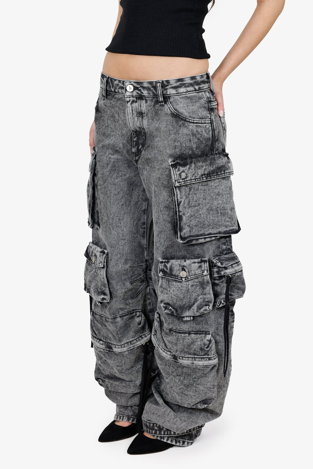 The Attico Grey Acid Wash Denim Cargo Pants Size 27
