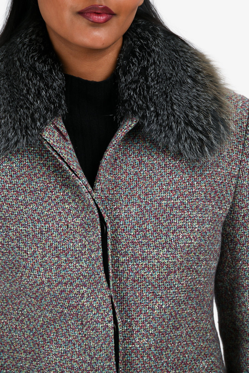 Christian Dior Multicolour/Grey Tweed Fox Fur Trim Collar Button Down Coat Size 36