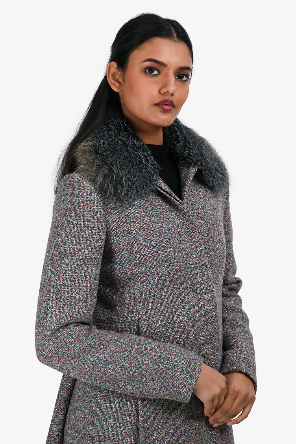 Christian Dior Multicolour/Grey Tweed Fox Fur Trim Collar Button Down Coat Size 36