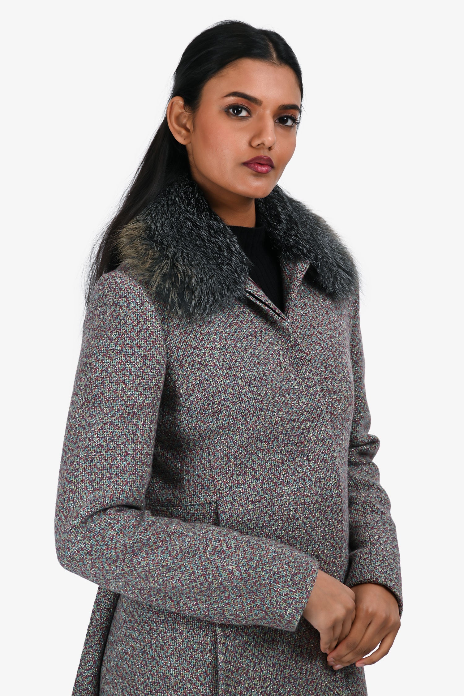 Christian Dior Multicolour/Grey Tweed Fox Fur Trim Collar Button Down Coat Size 36