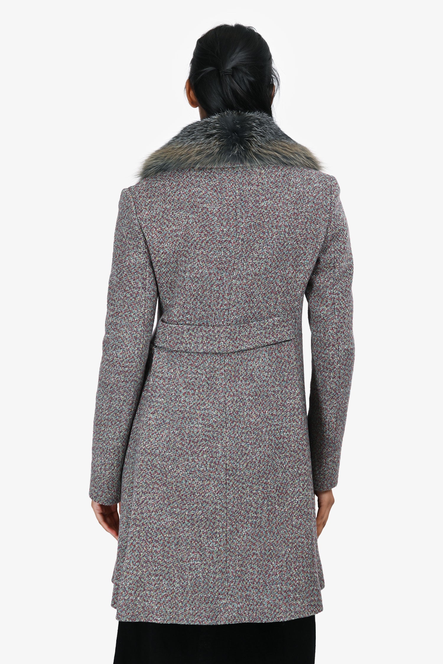 Christian Dior Multicolour/Grey Tweed Fox Fur Trim Collar Button Down Coat Size 36