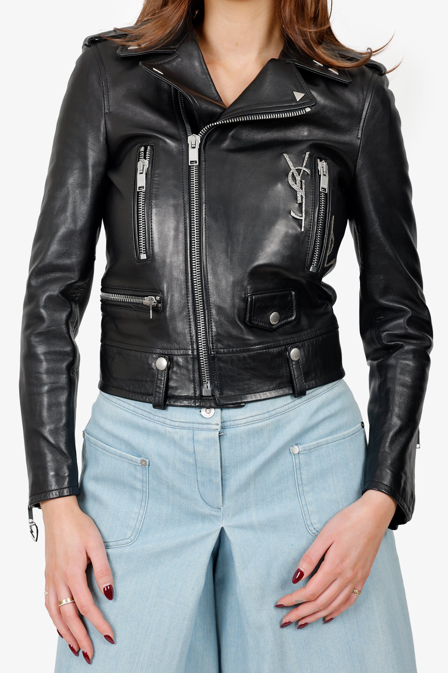 Saint Laurent Black Leather 'YSL' Biker Jacket Size 38
