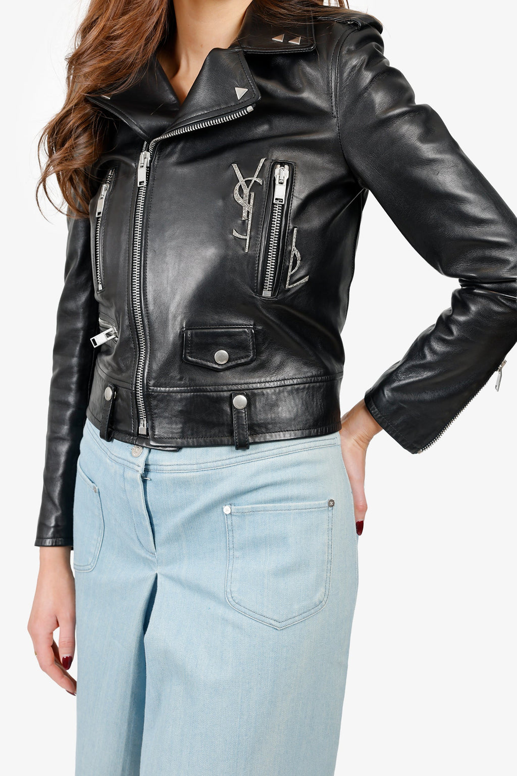 Saint Laurent Black Leather 'YSL' Biker Jacket Size 38