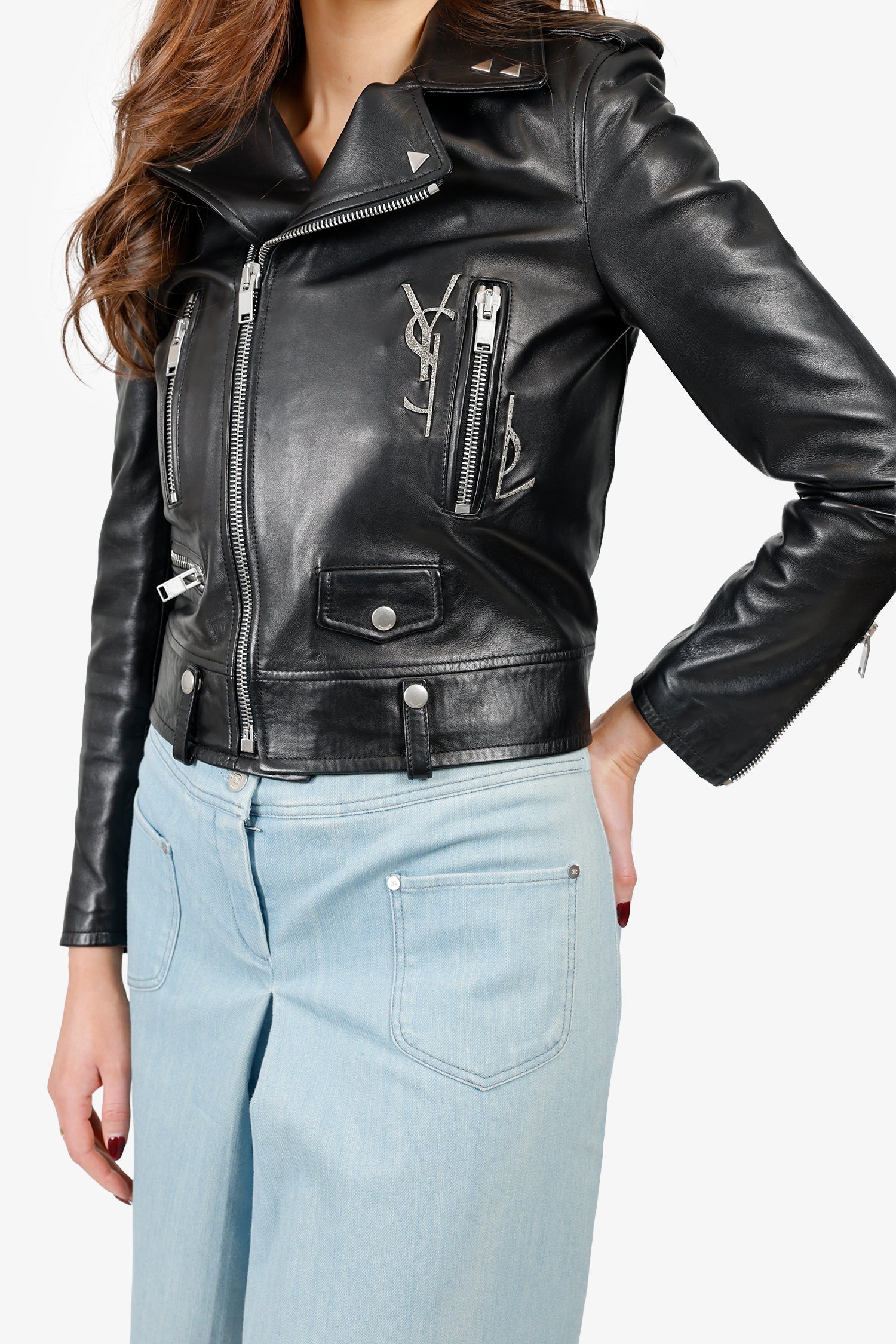 Saint Laurent Black Leather 'YSL' Biker Jacket Size 38