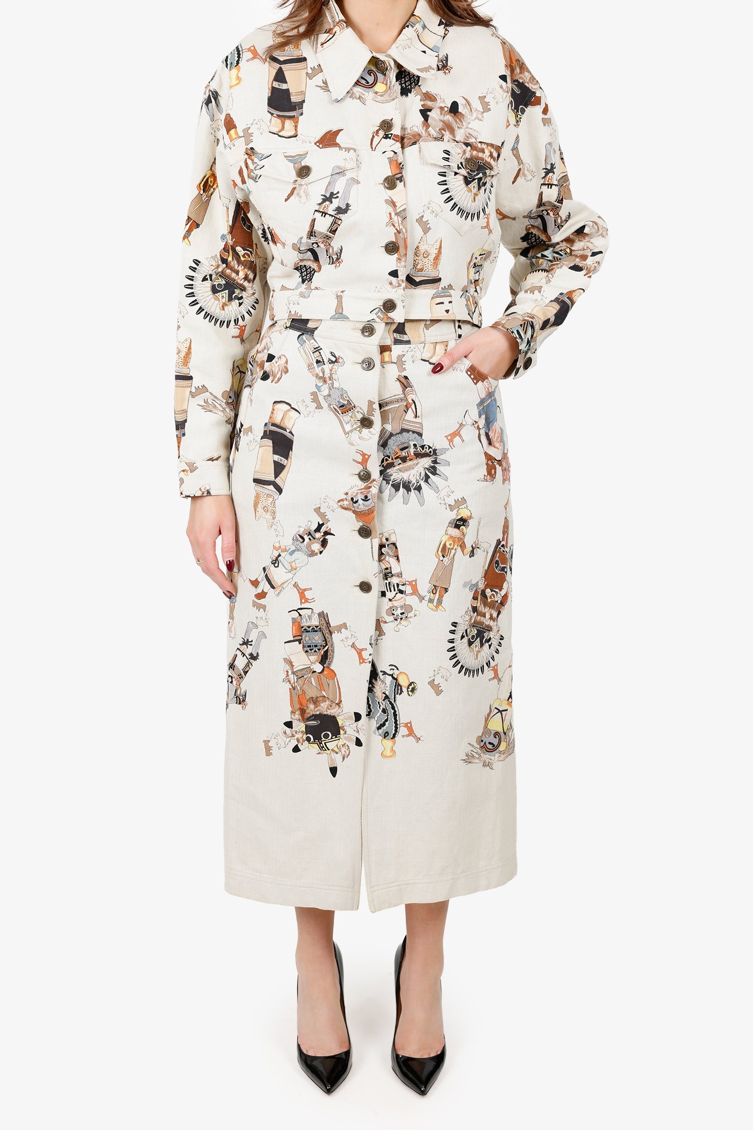 Hermès Vintage White Printed Jacket With Midi Skirt Set Size 40