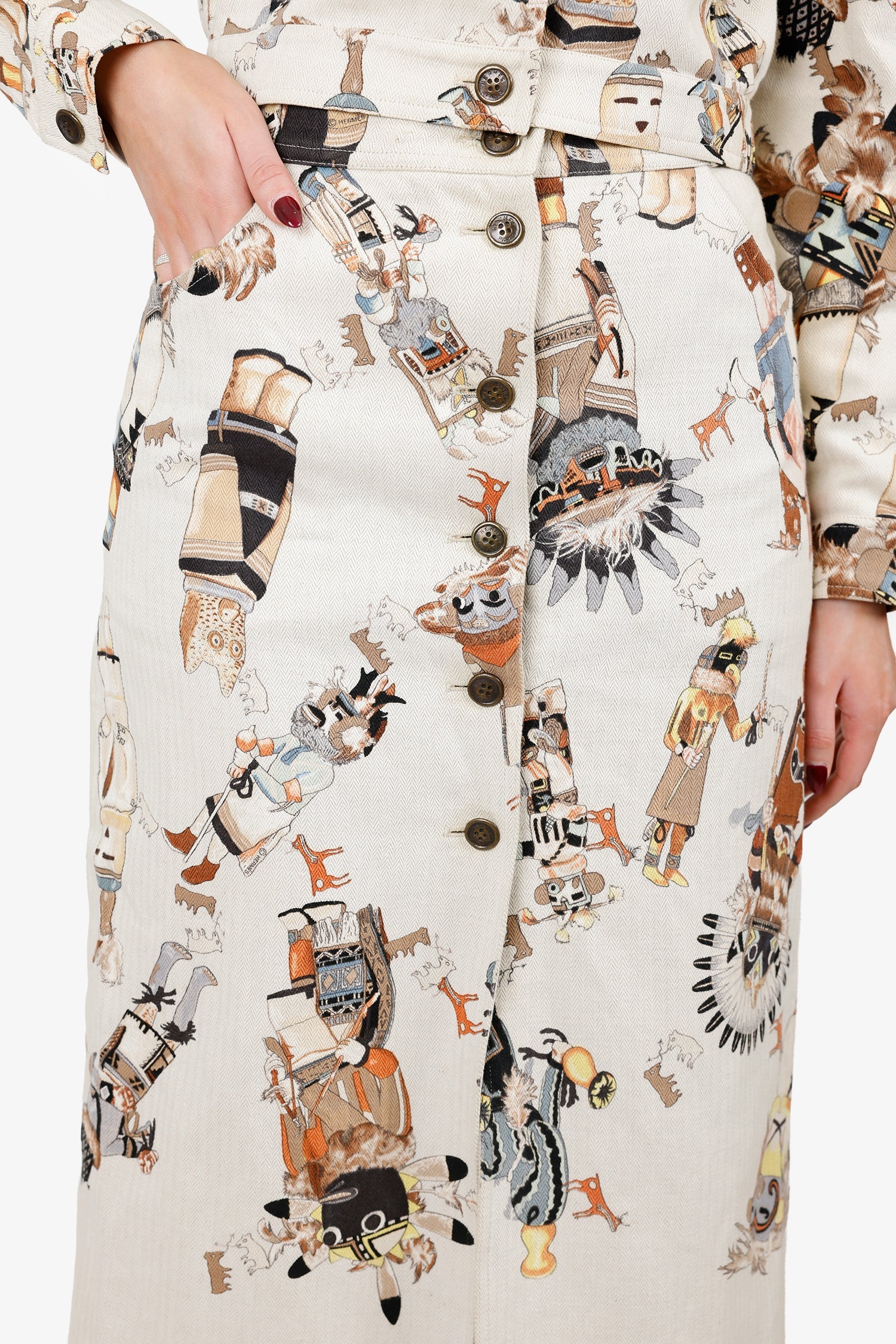 Hermès Vintage White Printed Jacket With Midi Skirt Set Size 40