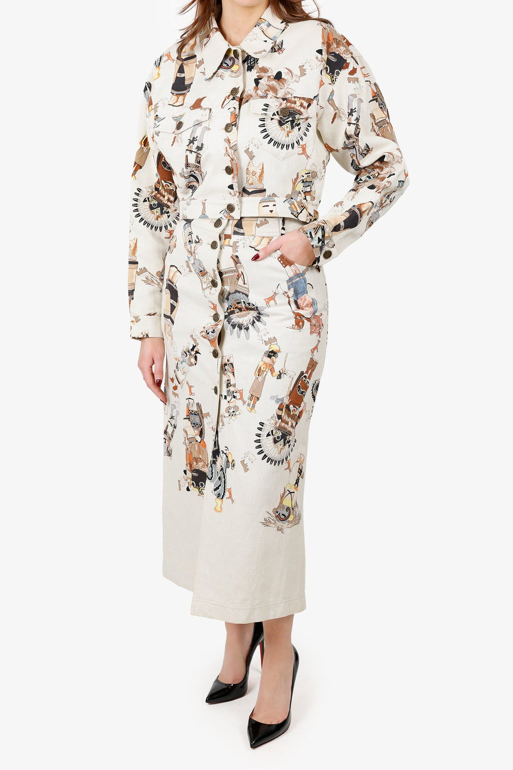 Hermès Vintage White Printed Jacket With Midi Skirt Set Size 40