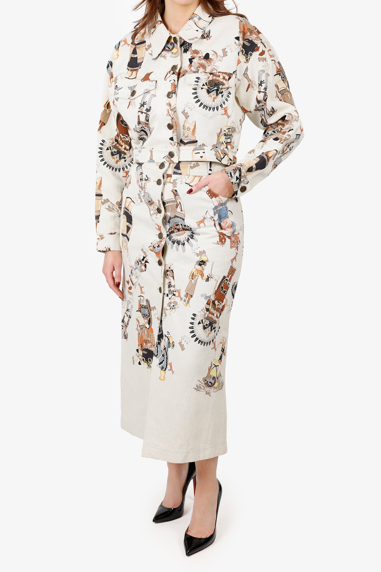 Hermès Vintage White Printed Jacket With Midi Skirt Set Size 40
