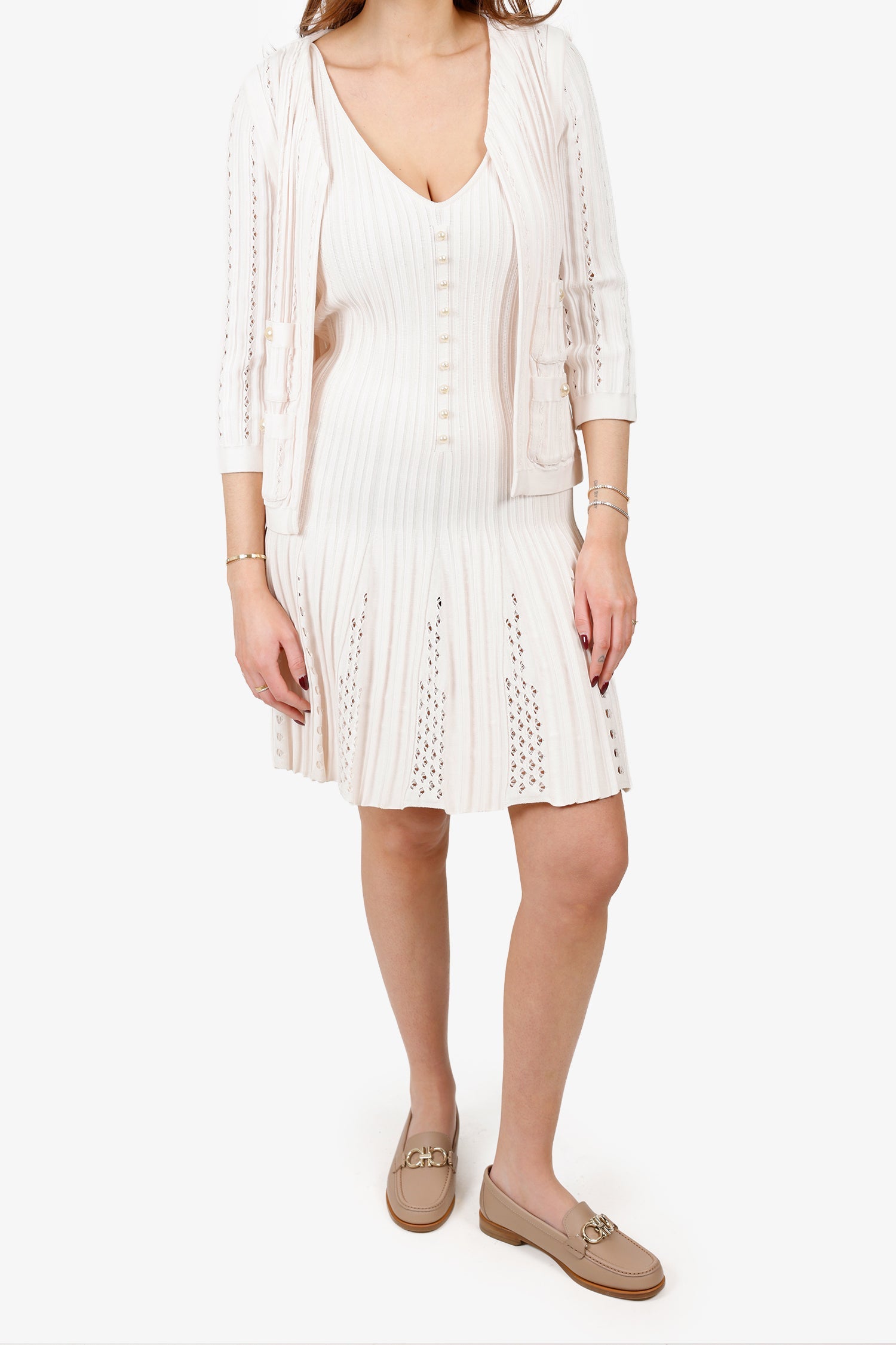 Pre-Loved Chanel™ Pink Pleated Pearl Ribbed Knit igan With Sleeveless Midi Dress Set Size 38