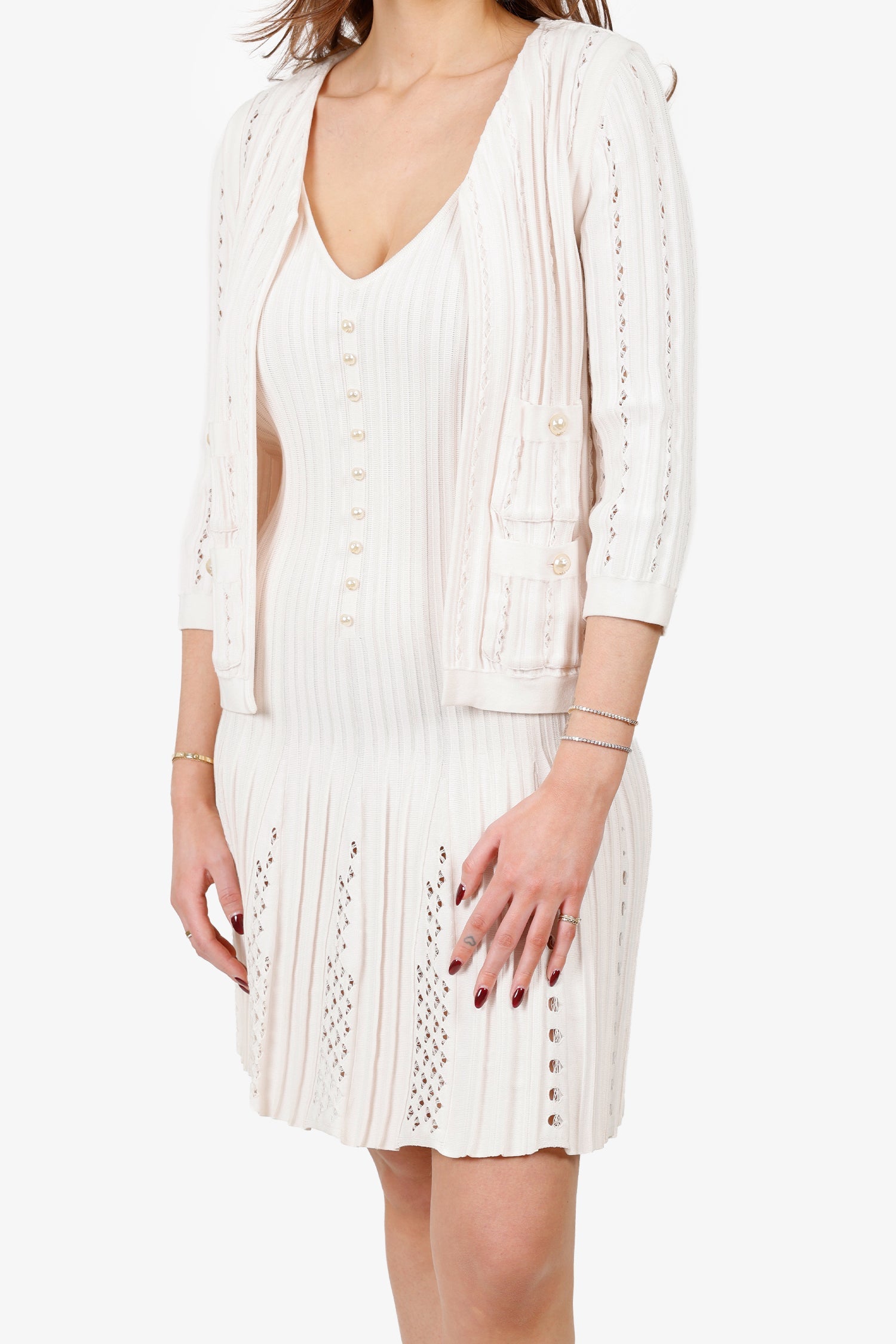 Pre-Loved Chanel™ Pink Pleated Pearl Ribbed Knit igan With Sleeveless Midi Dress Set Size 38