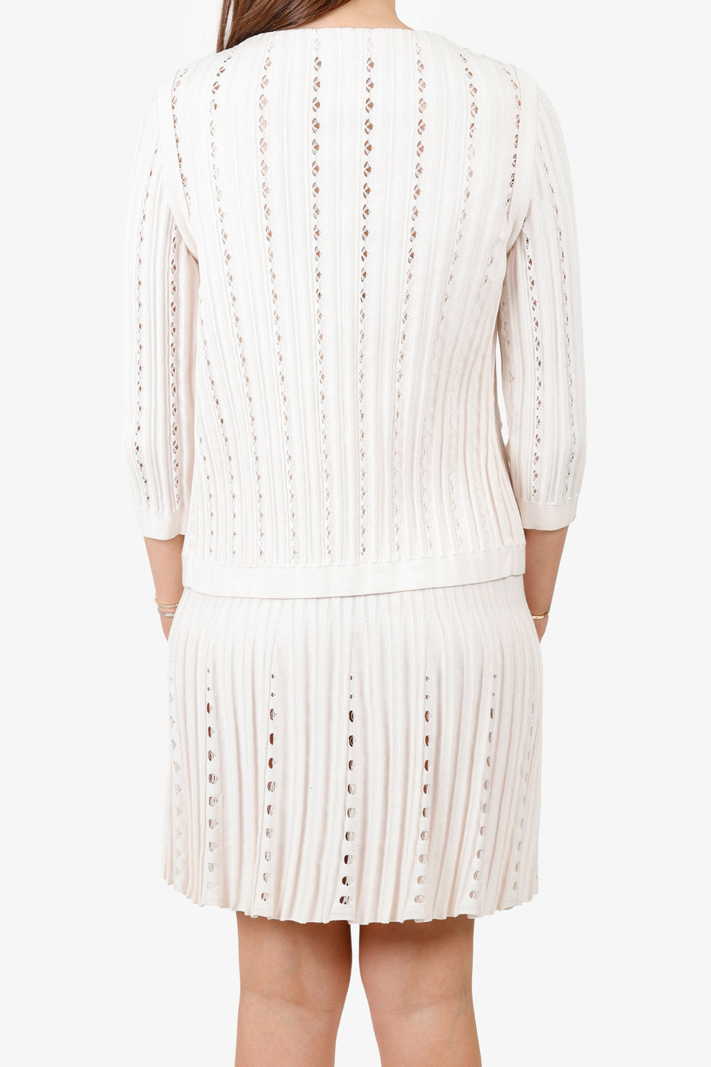 Pre-Loved Chanel™ Pink Pleated Pearl Ribbed Knit igan With Sleeveless Midi Dress Set Size 38