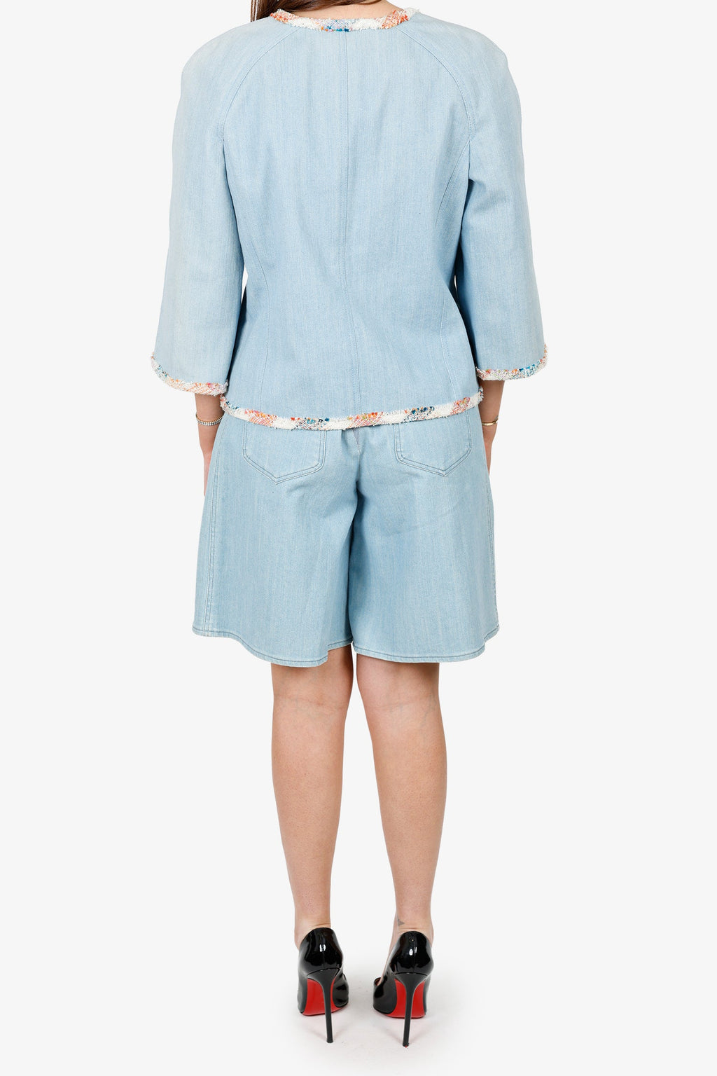 Pre-Loved Chanel™ 07P Blue Denim Tweed Trimmed Jacket With Shorts Size 42/40