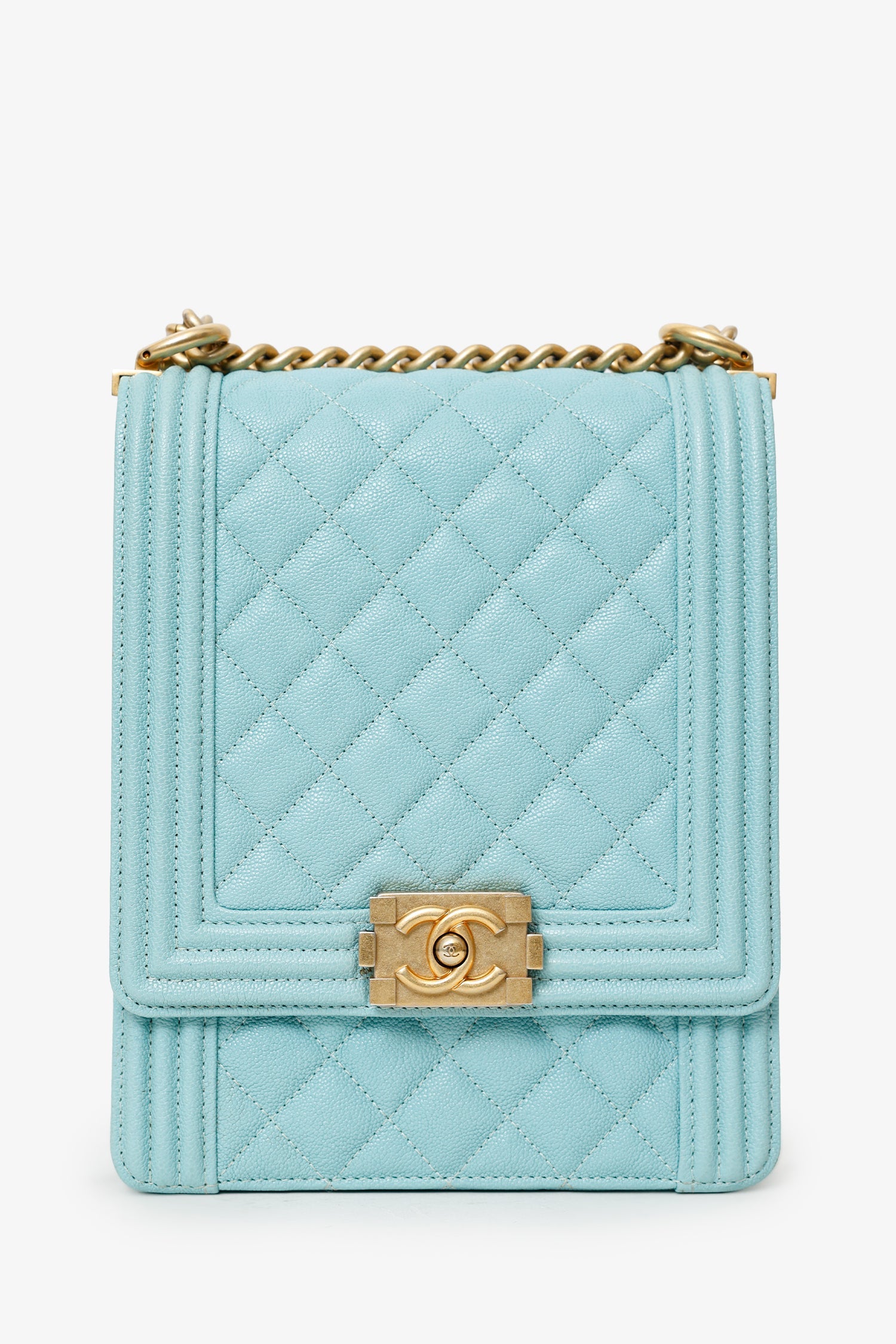 Pre-Loved Chanel™ 2019 Teal Green Leather North/South Boy Shoulder Bag