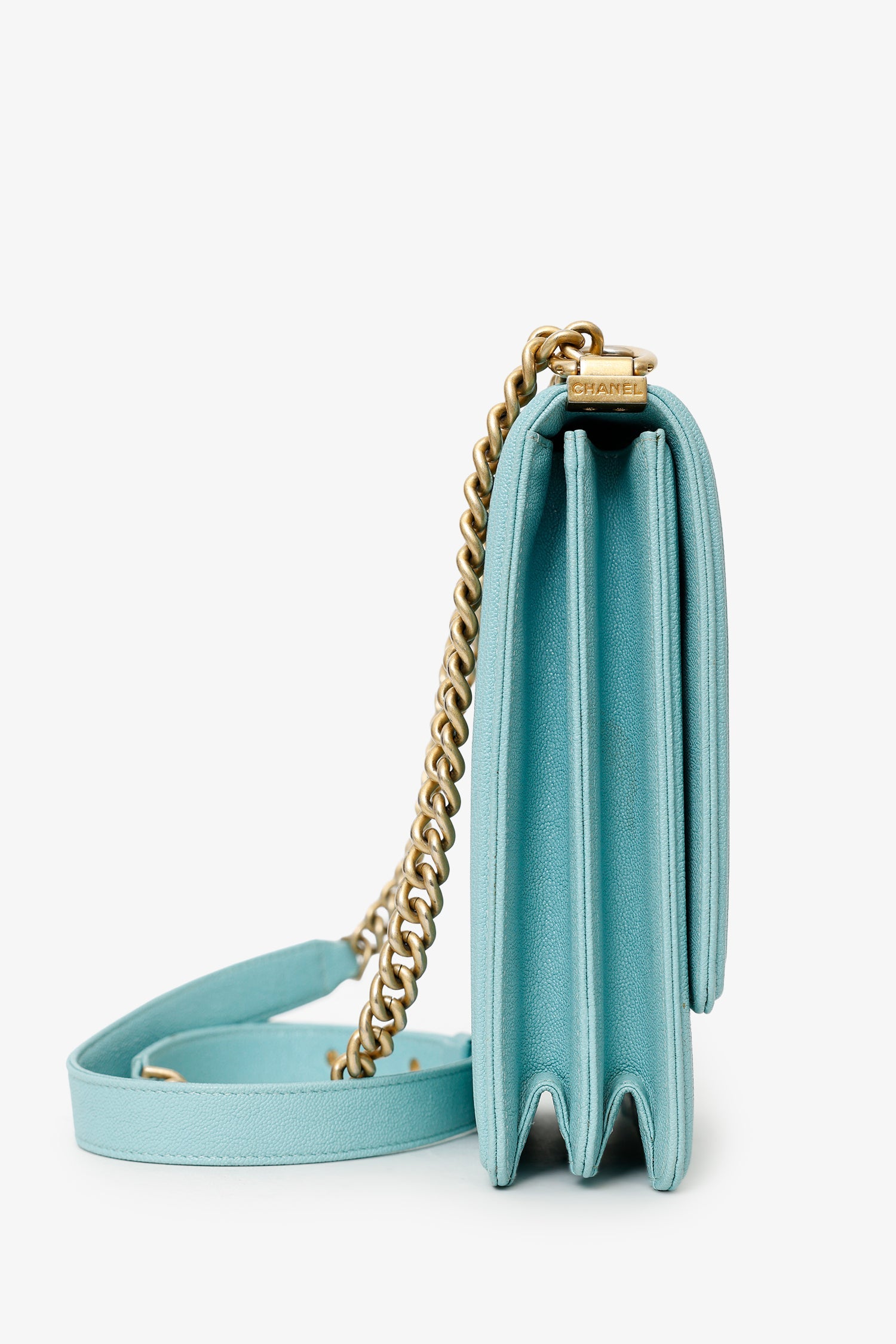 Pre-Loved Chanel™ 2019 Teal Green Leather North/South Boy Shoulder Bag
