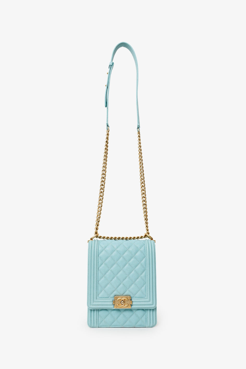 Pre-Loved Chanel™ 2019 Teal Green Leather North/South Boy Shoulder Bag