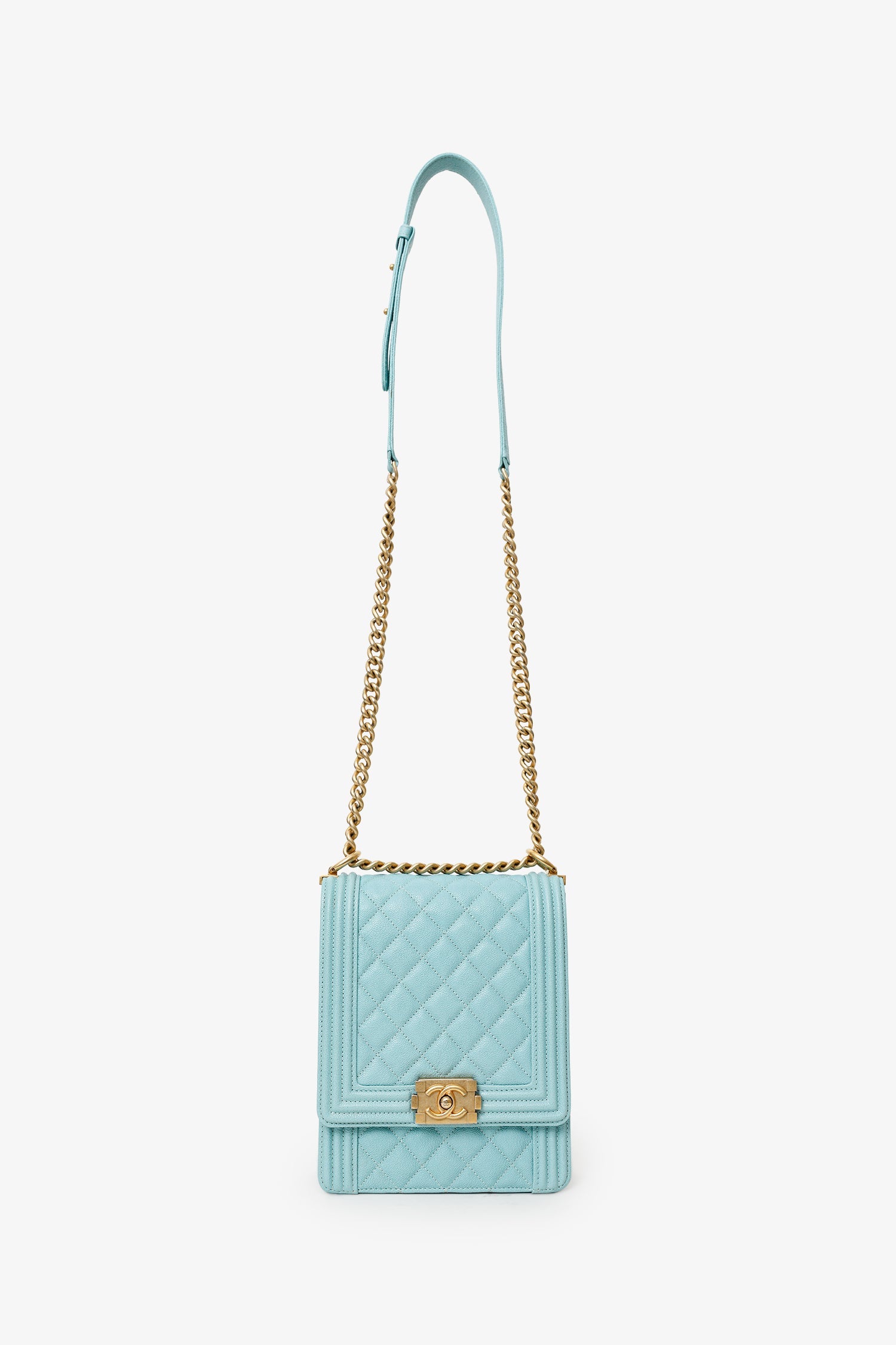 Pre-Loved Chanel™ 2019 Teal Green Leather North/South Boy Shoulder Bag