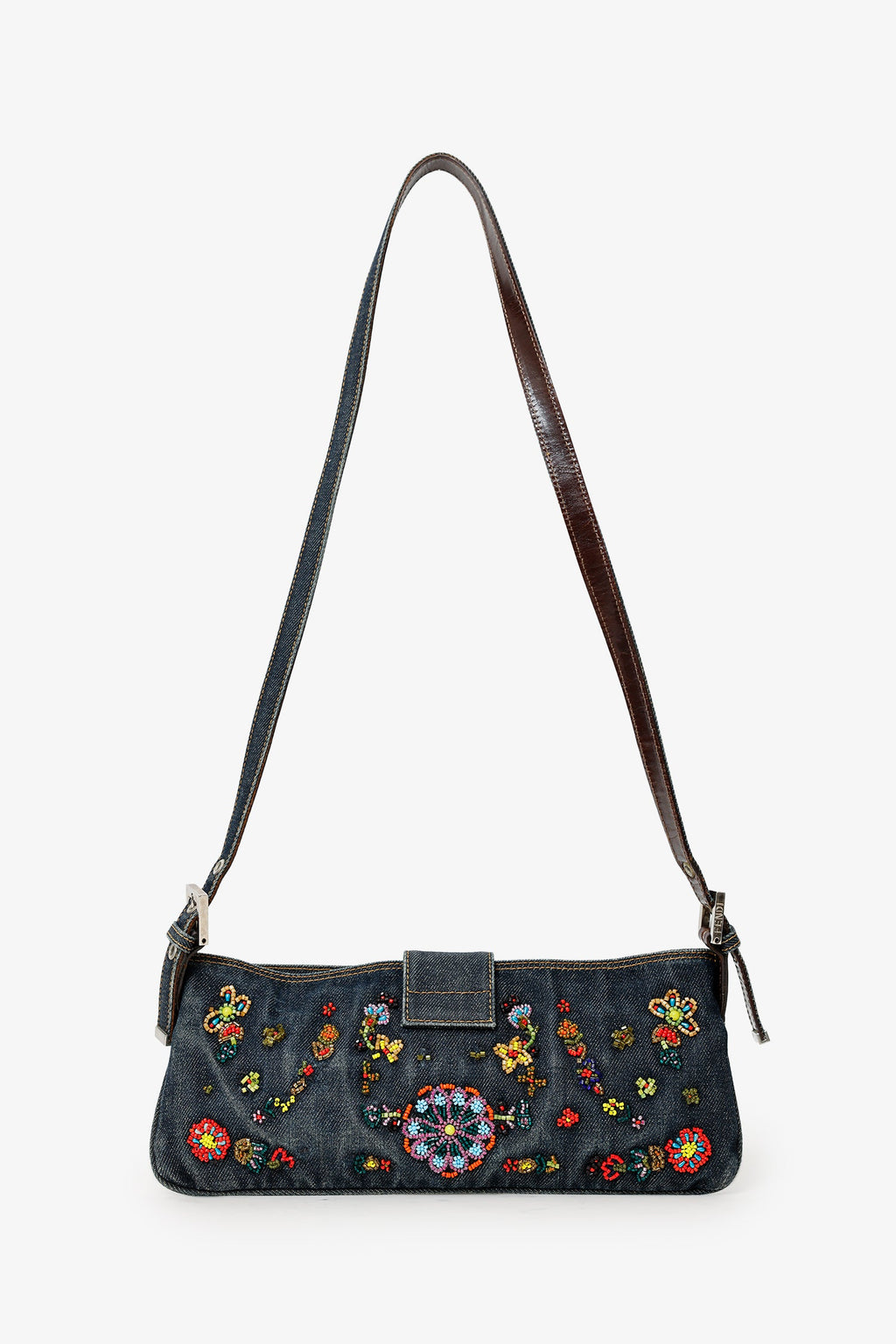 Fendi Blue Denim Beaded Baguette Pochette