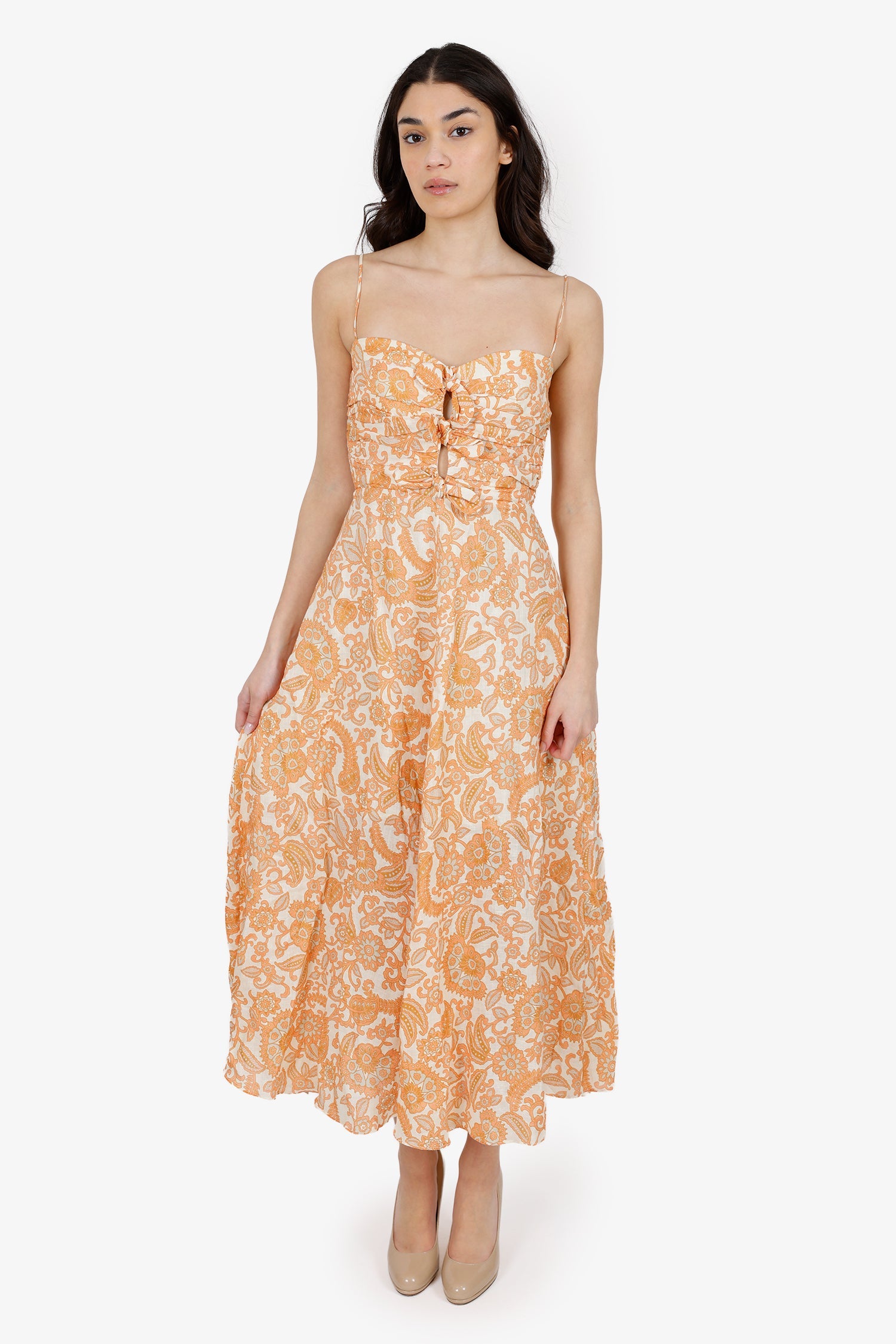 Zimmermann Beige/Orange Linen Peggy Off Shoulder Tie Dress Size 2