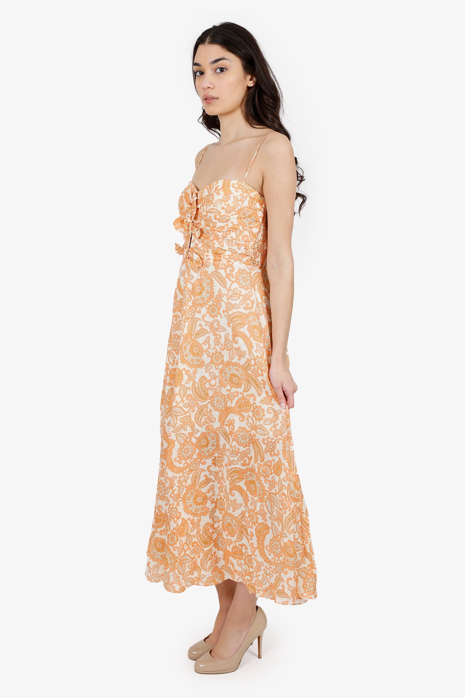 Zimmermann Beige/Orange Linen Peggy Off Shoulder Tie Dress Size 2