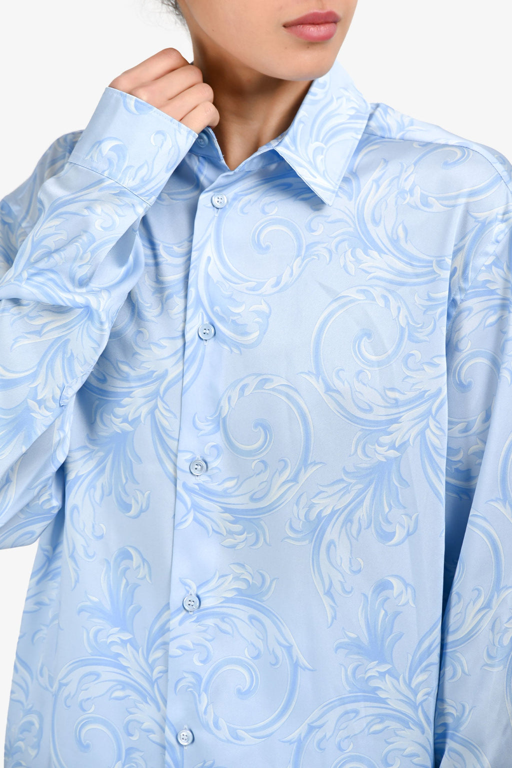Versace Light Blue Satin Baroque Long Sleeve Button Down Shirt 50