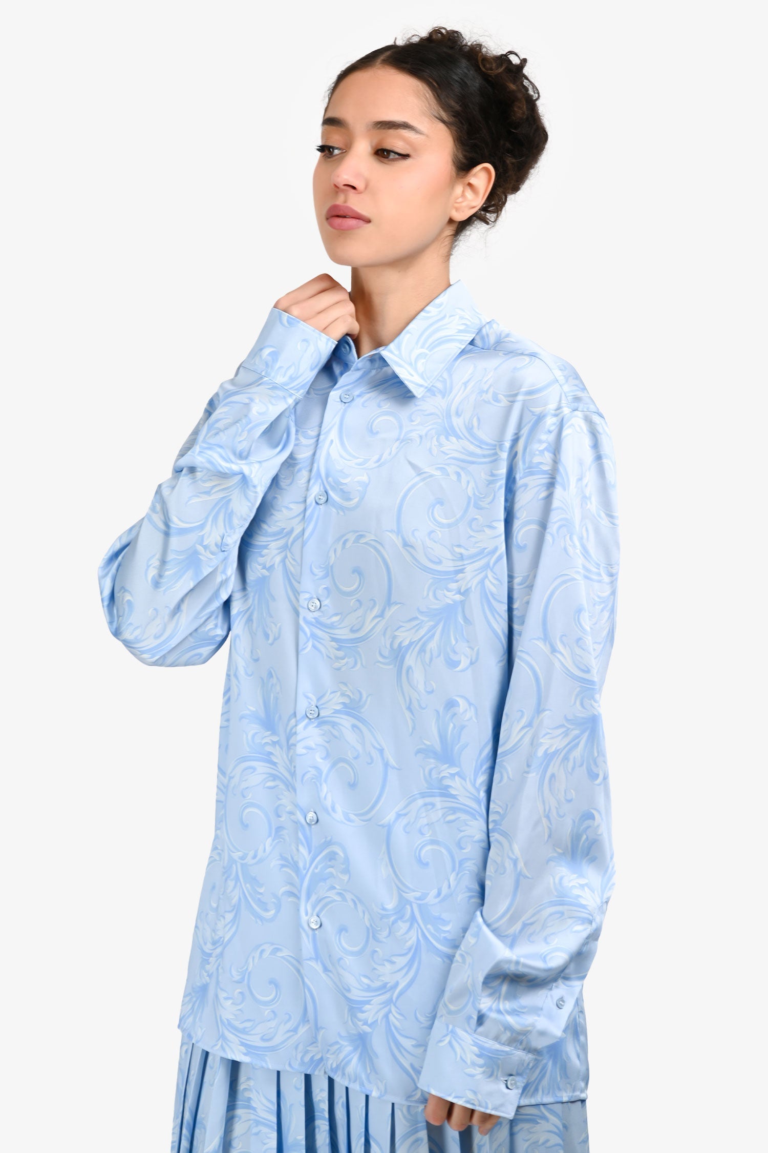 Versace Light Blue Satin Baroque Long Sleeve Button Down Shirt 50