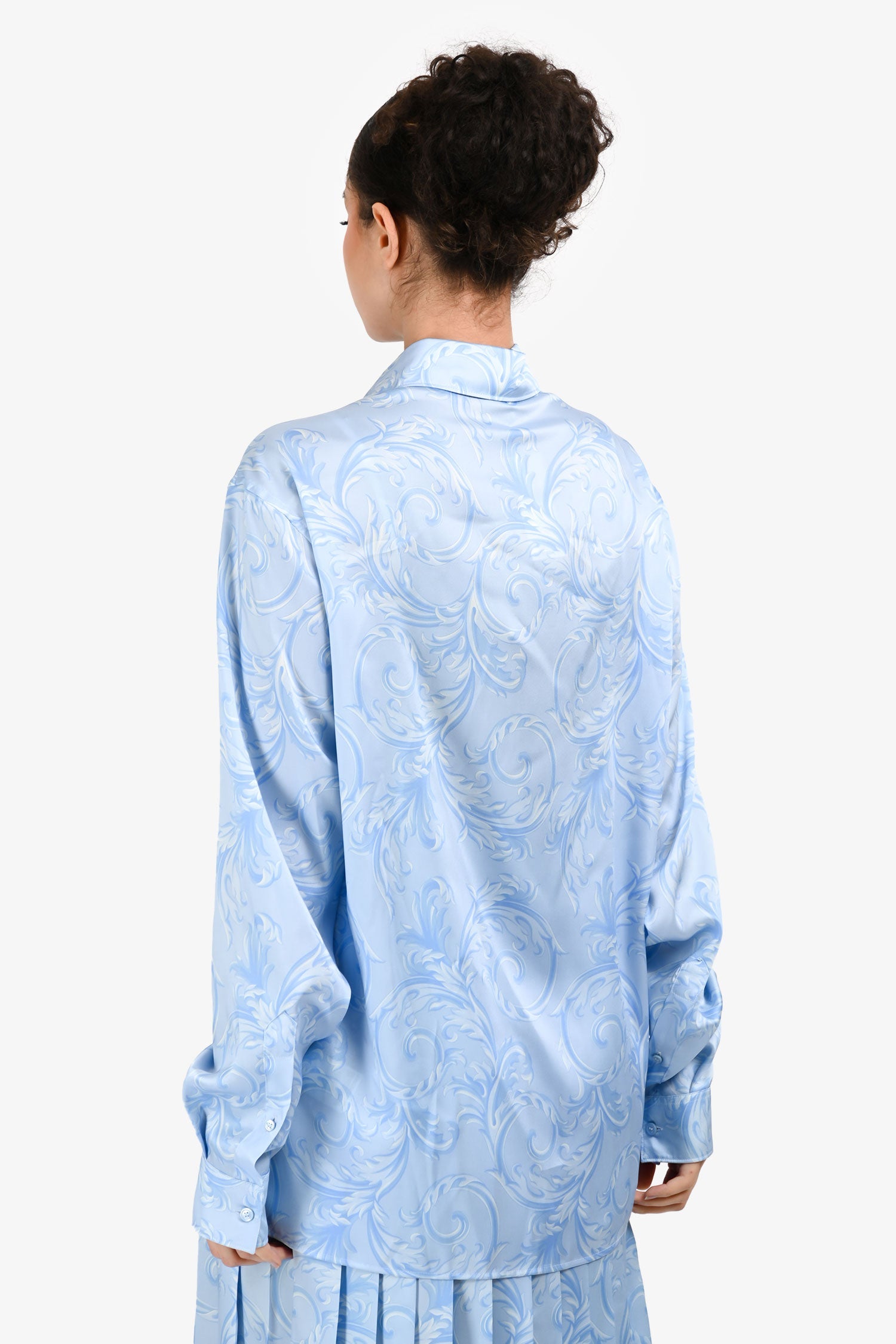 Versace Light Blue Satin Baroque Long Sleeve Button Down Shirt 50