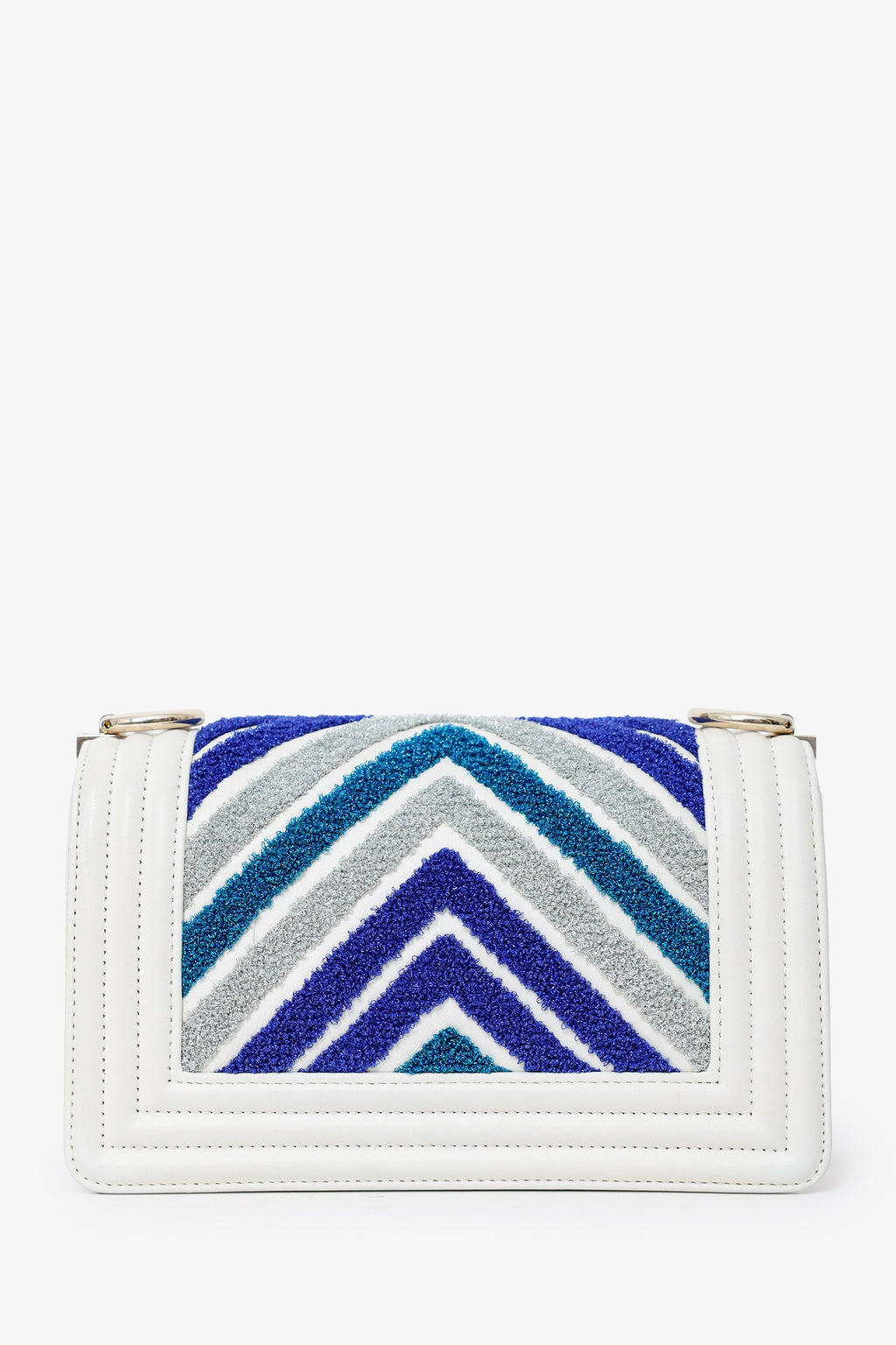 Pre-Loved Chanel™ 2019 White/Blue Chevron Small Boy Shoulder Bag