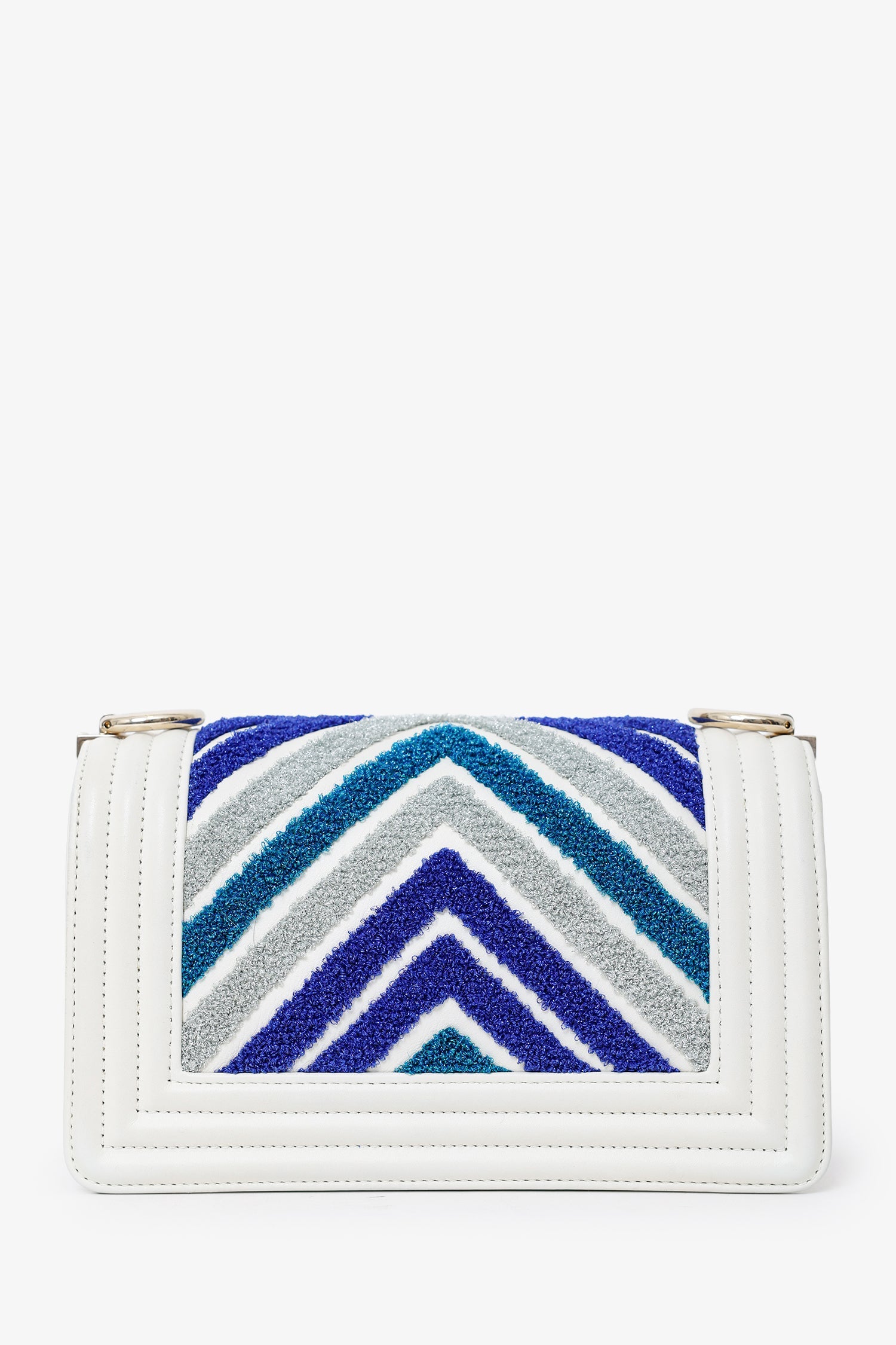 Pre-Loved Chanel™ 2019 White/Blue Chevron Small Boy Shoulder Bag