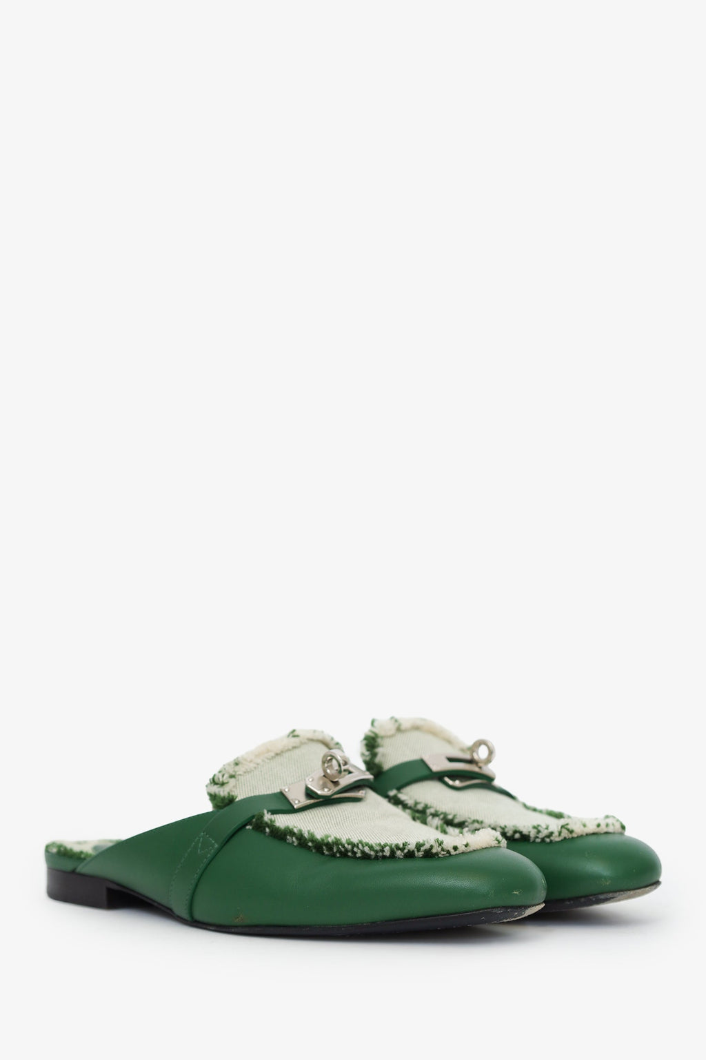 Hermes Green Toile Calfskin Fringe Oz Mules Size 37