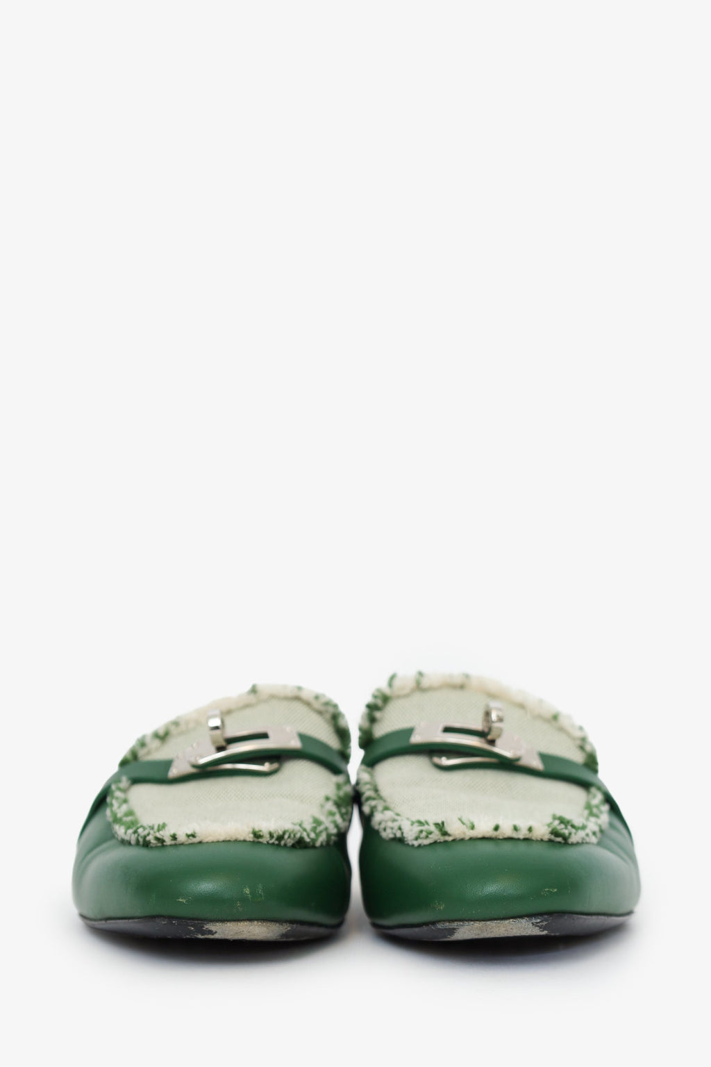 Hermes Green Toile Calfskin Fringe Oz Mules Size 37
