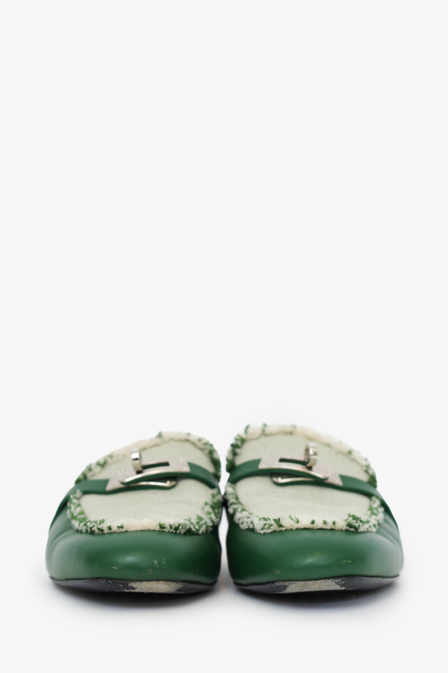 Hermes Green Toile Calfskin Fringe Oz Mules Size 37