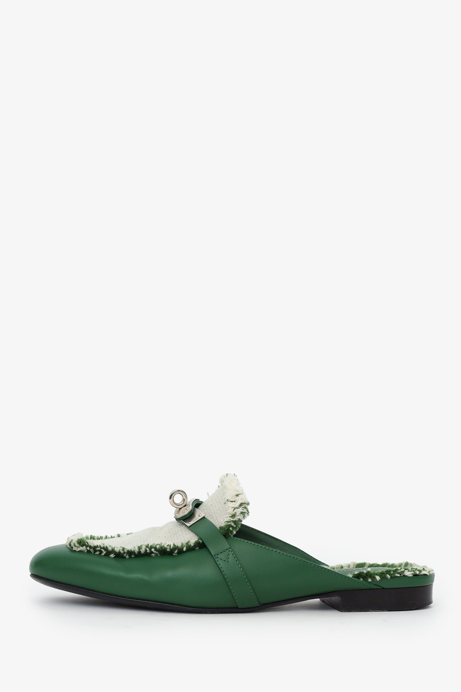 Hermes Green Toile Calfskin Fringe Oz Mules Size 37