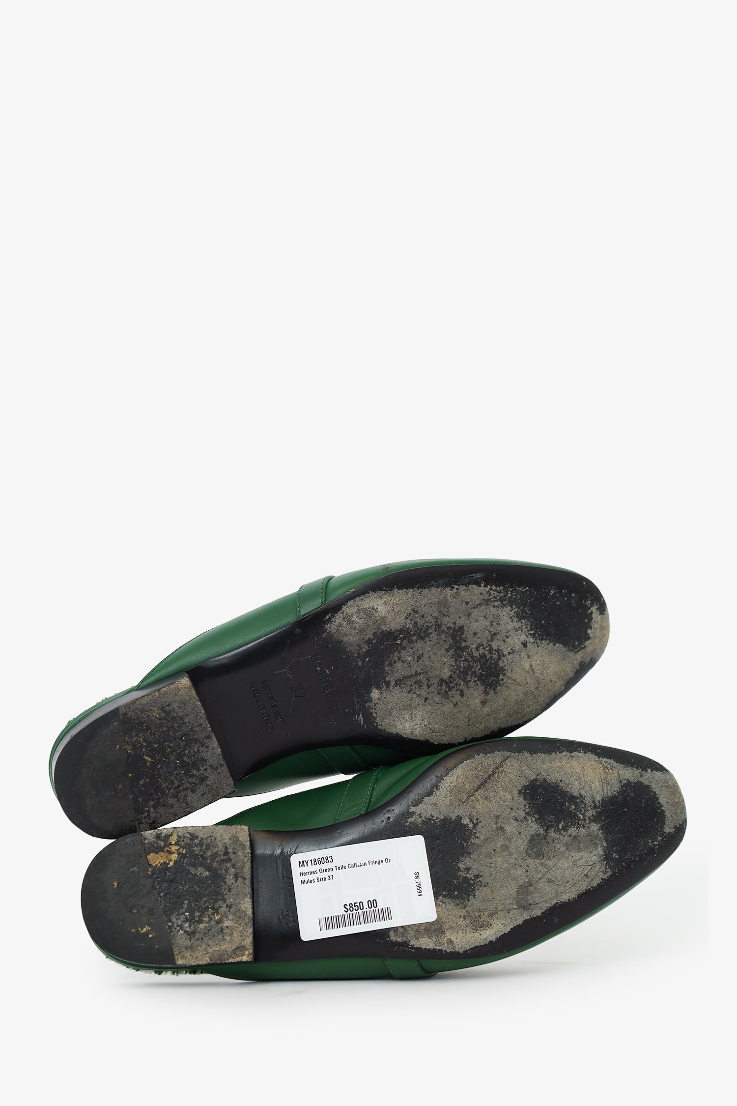 Hermes Green Toile Calfskin Fringe Oz Mules Size 37