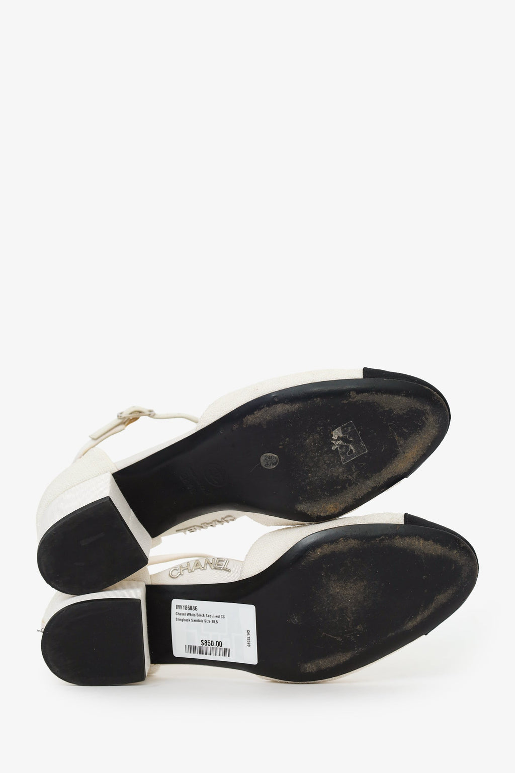Pre-Loved Chanel™ White/Black Sequined CC Slingback Sandals Size 38.5