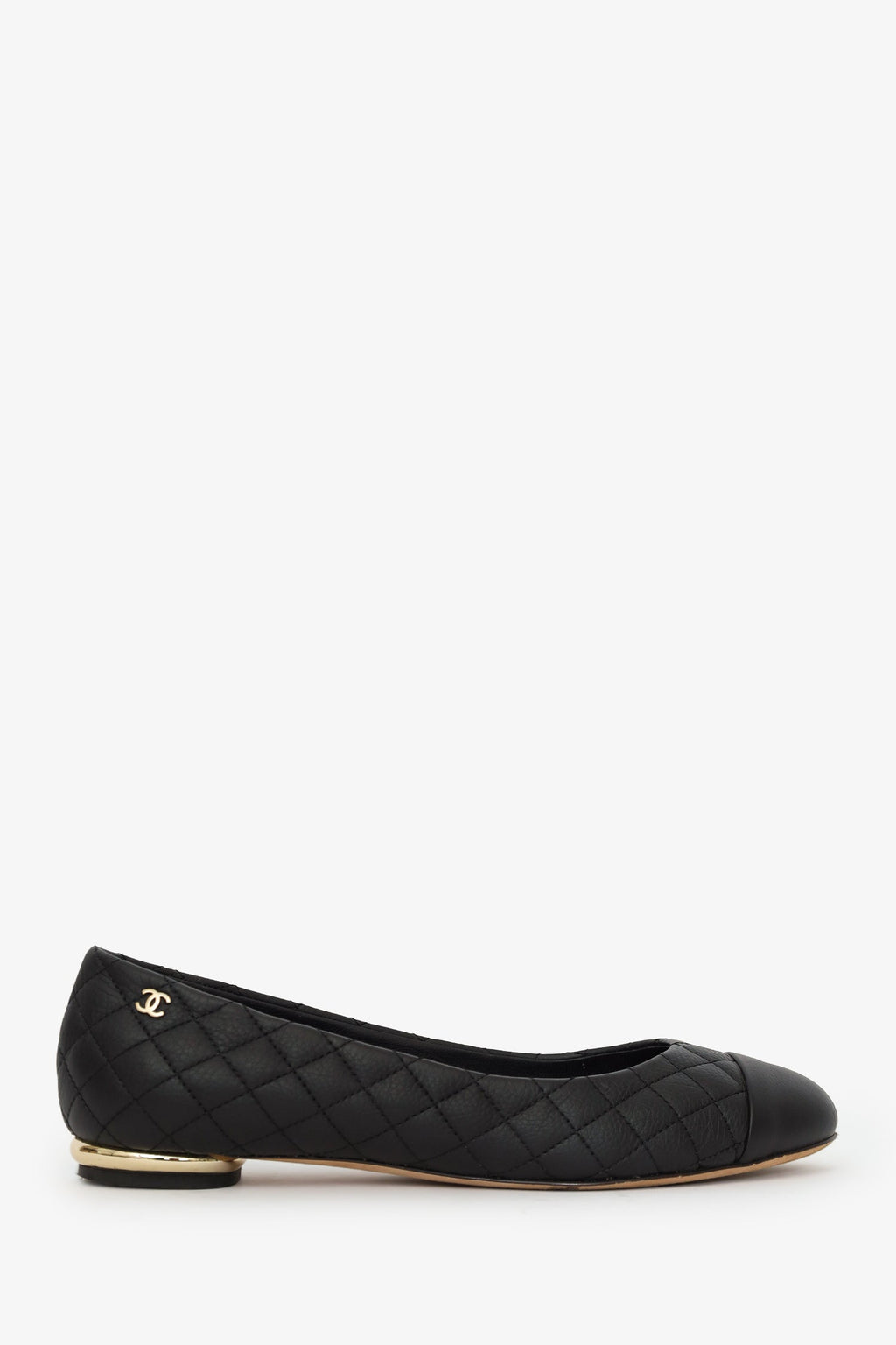 Pre-Loved Chanel™ Black Quilted Leather CC Cap Toe Ballet Flats Size 38