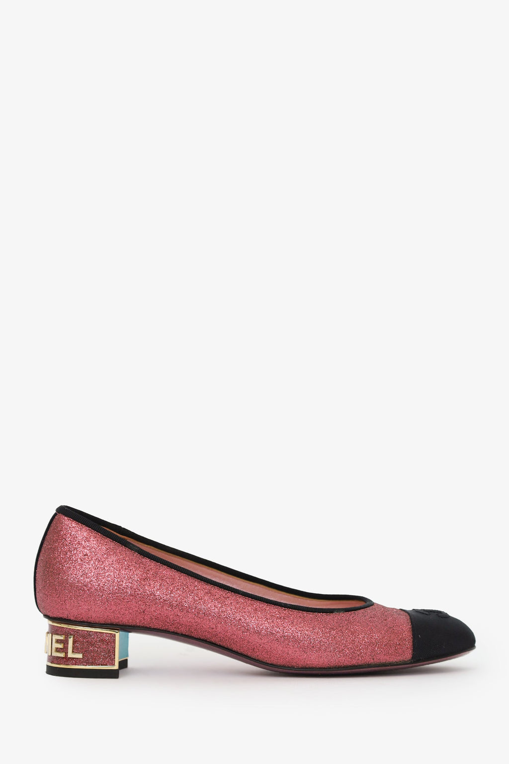 Pre-Loved Chanel™ Pink/Black Glitter Leather CC Ballerina Pumps Size 38