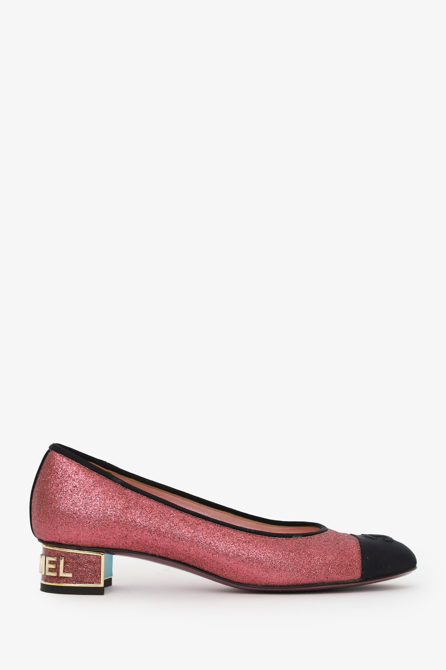 Pre-Loved Chanel™ Pink/Black Glitter Leather CC Ballerina Pumps Size 38