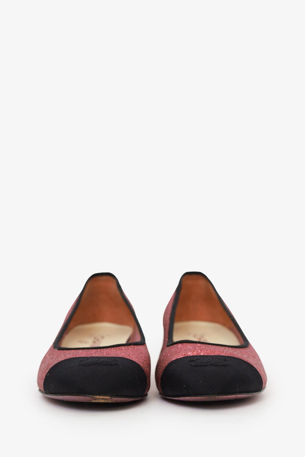 Pre-Loved Chanel™ Pink/Black Glitter Leather CC Ballerina Pumps Size 38