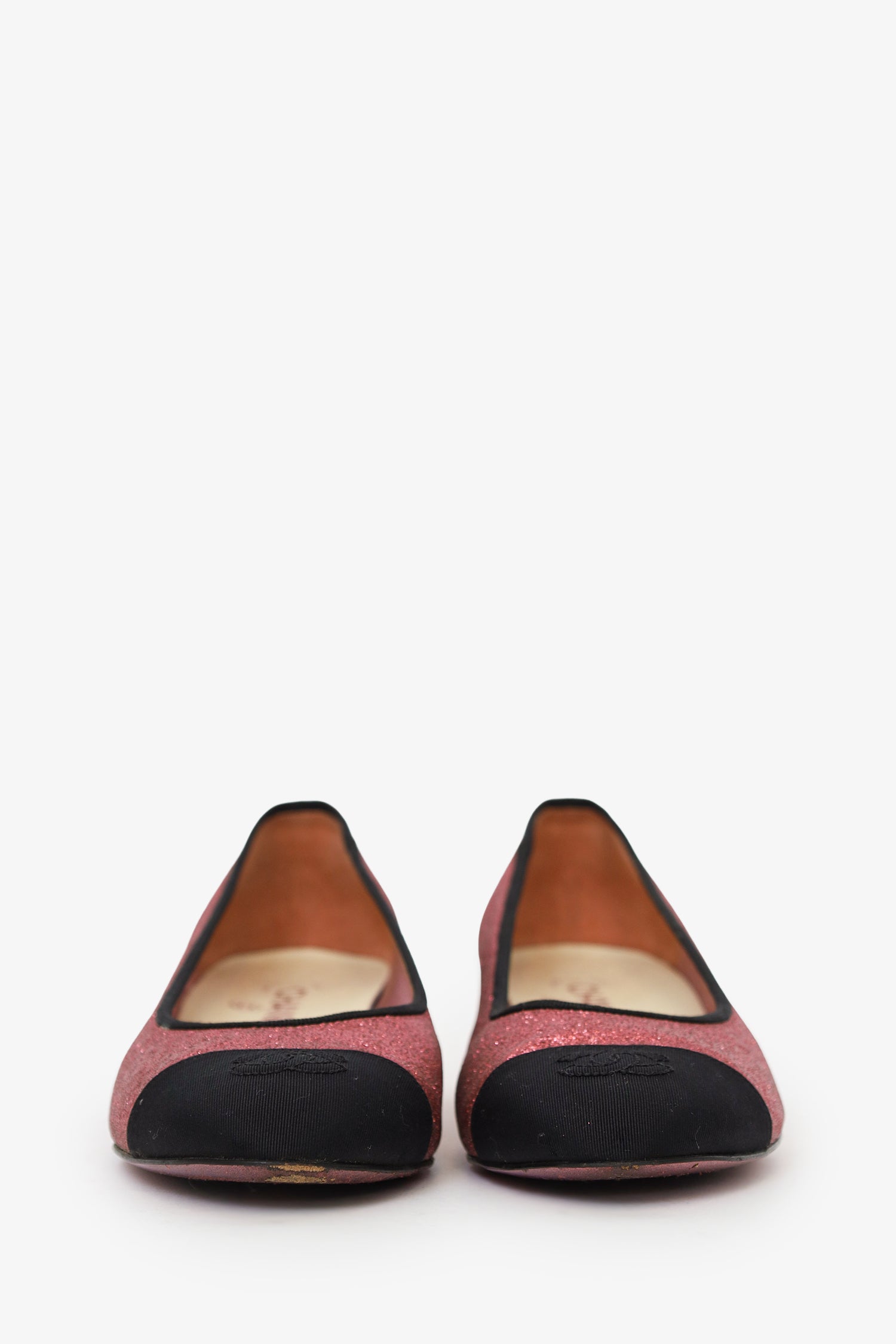 Pre-Loved Chanel™ Pink/Black Glitter Leather CC Ballerina Pumps Size 38