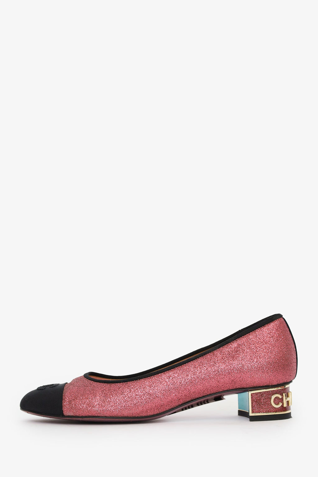 Pre-Loved Chanel™ Pink/Black Glitter Leather CC Ballerina Pumps Size 38