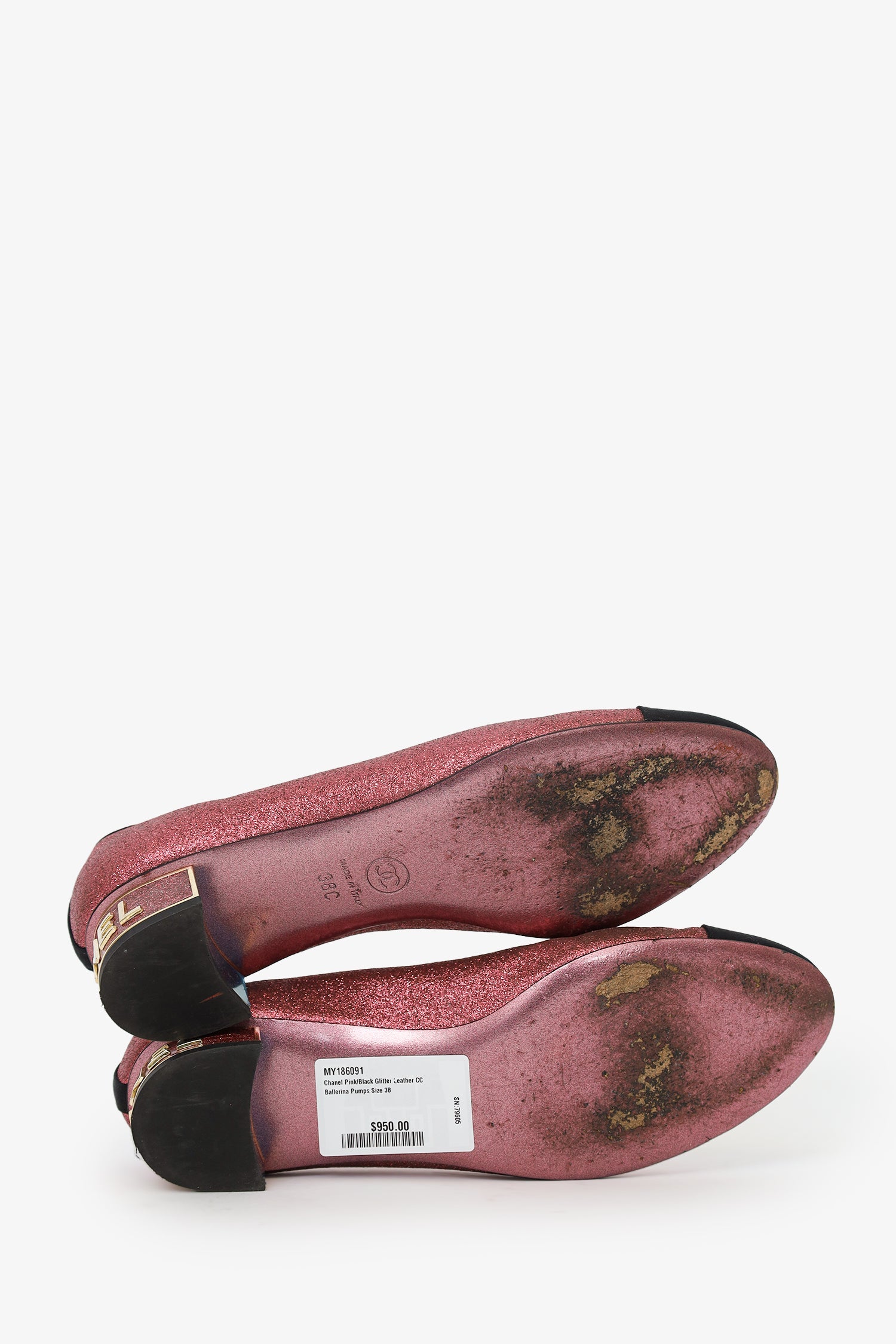 Pre-Loved Chanel™ Pink/Black Glitter Leather CC Ballerina Pumps Size 38
