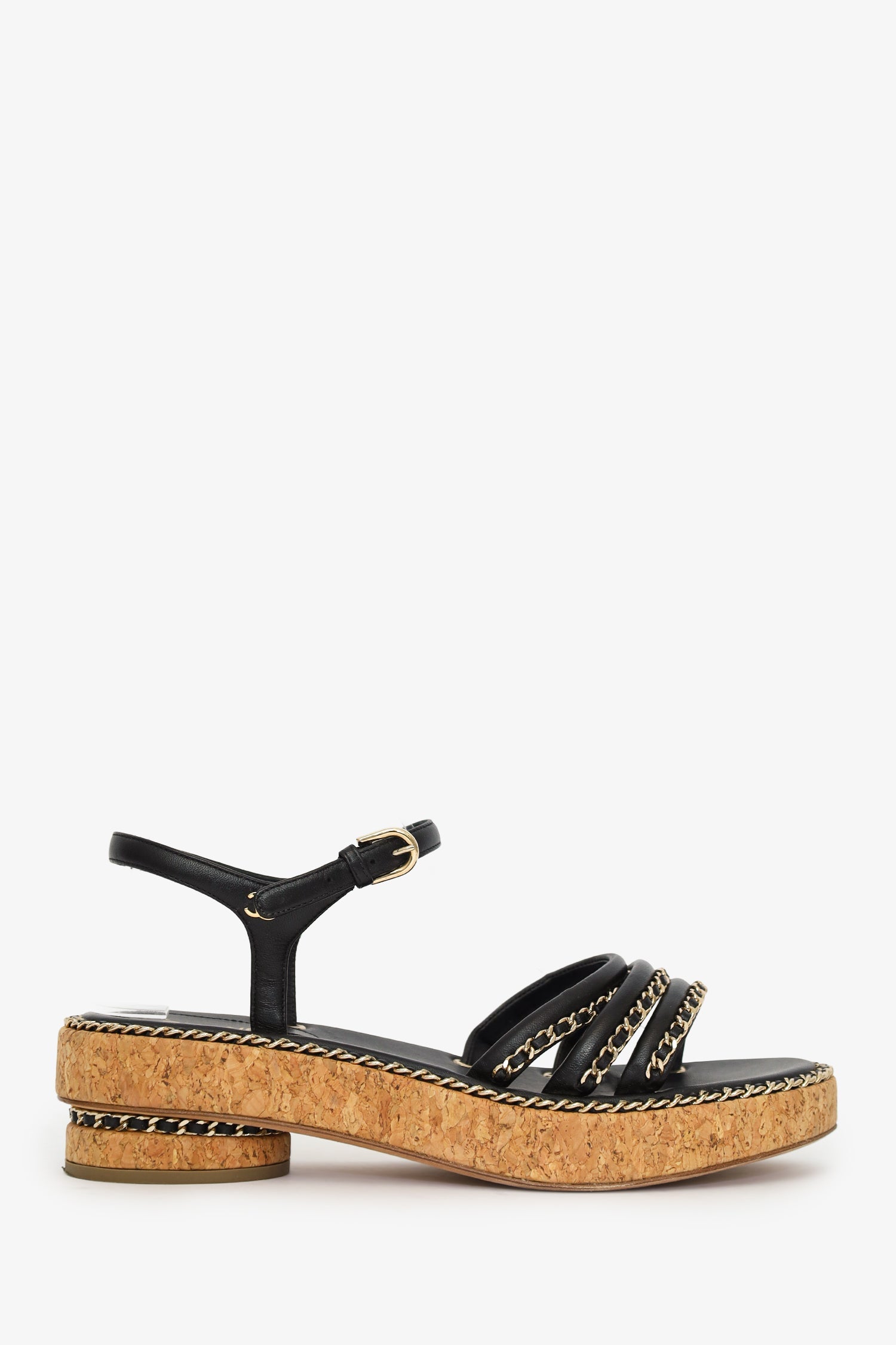 Pre-Loved Chanel™ Black Leather Chain Detail Cork Sandals Size 38