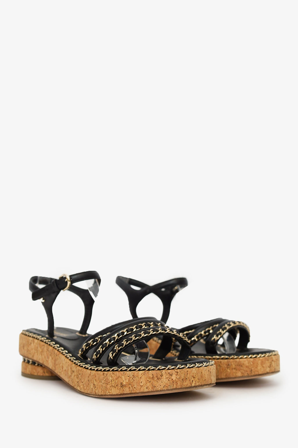 Pre-Loved Chanel™ Black Leather Chain Detail Cork Sandals Size 38