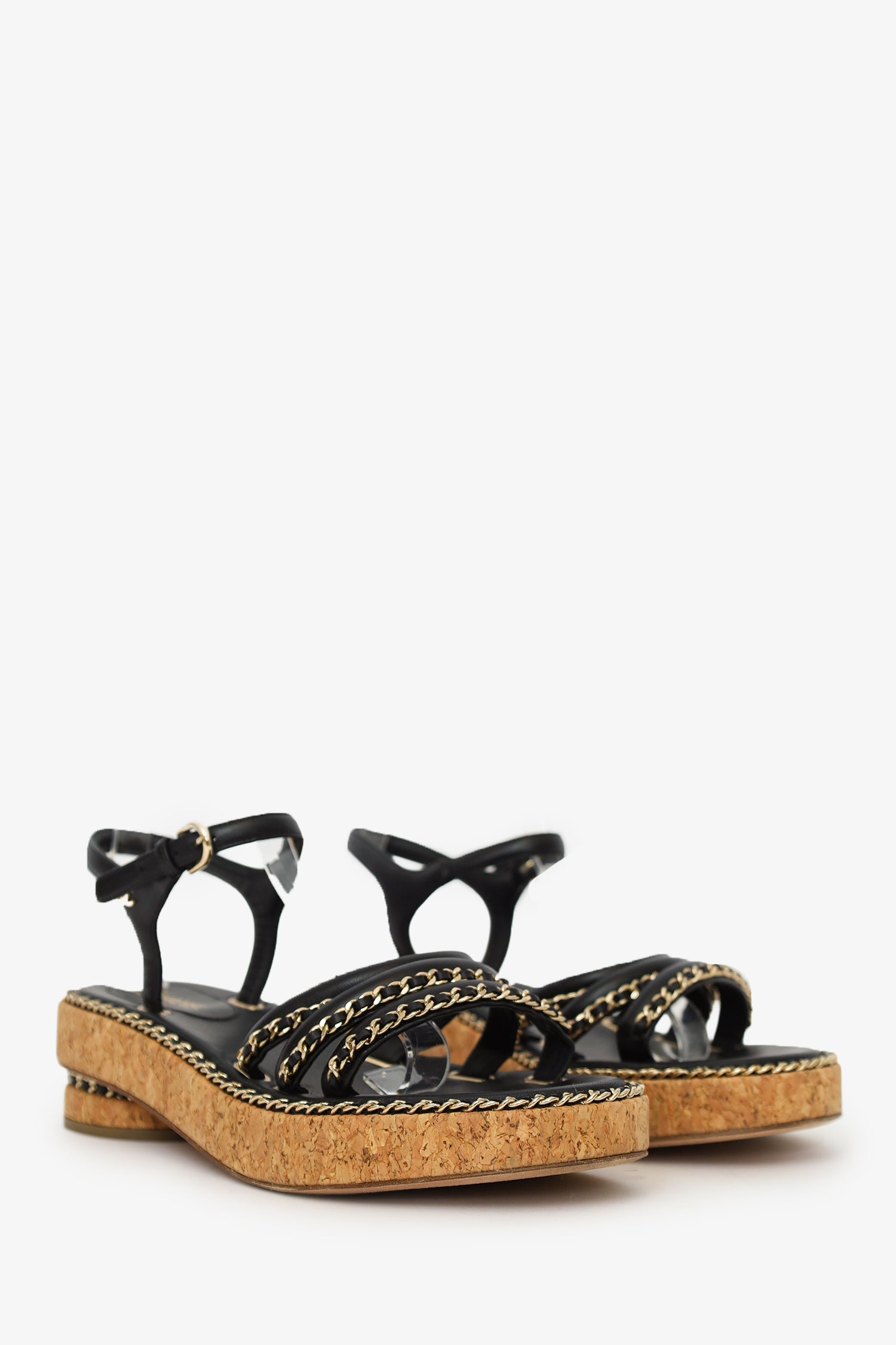 Pre-Loved Chanel™ Black Leather Chain Detail Cork Sandals Size 38